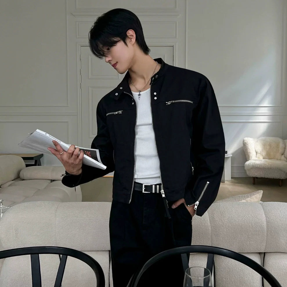 고급스러운 남성용 봄철 기능성 반팔 재킷, 루즈핏 스탠드업 칼라 재킷, 한국 트렌드의 멋쟁이 스타일 상의