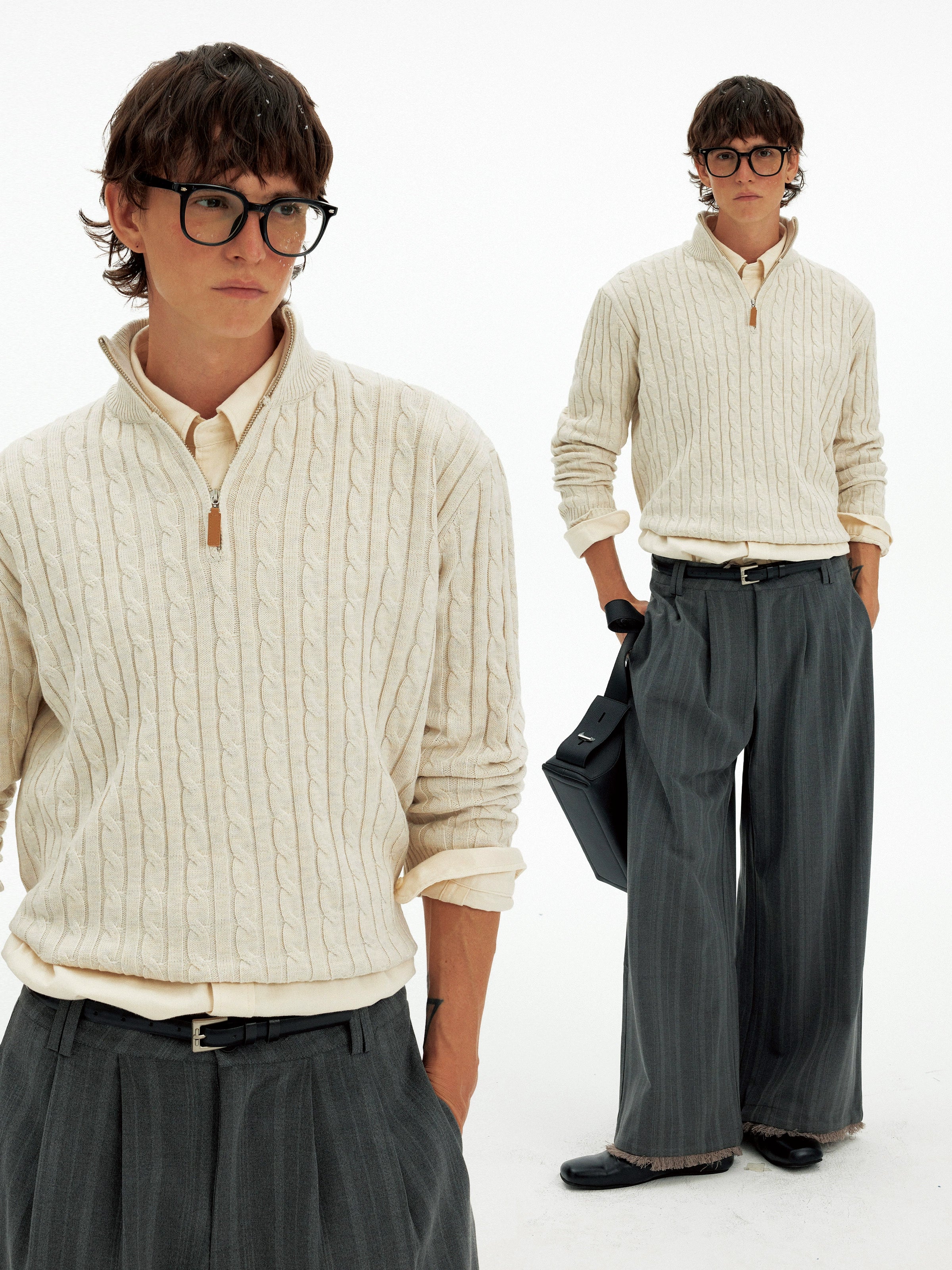 미국 레트로 스타일의 트위스트 하프 지퍼 스웨터, 남녀 공용, 가을/겨울 캐주얼, 느긋한 바람에 어울리는 부드럽고 윤기 있는 니트 스웨터, 트렌디한 디자인