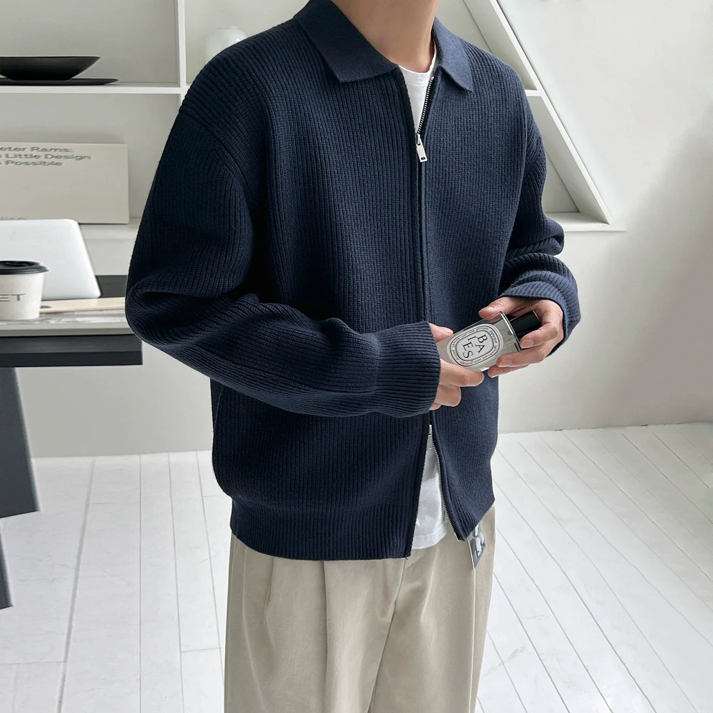 올드 머니 윈드 라펠 스웨터 남성용 가을/겨울 루즈핏 캐주얼 재킷 한국식 통근용 심플 니트 스웨터