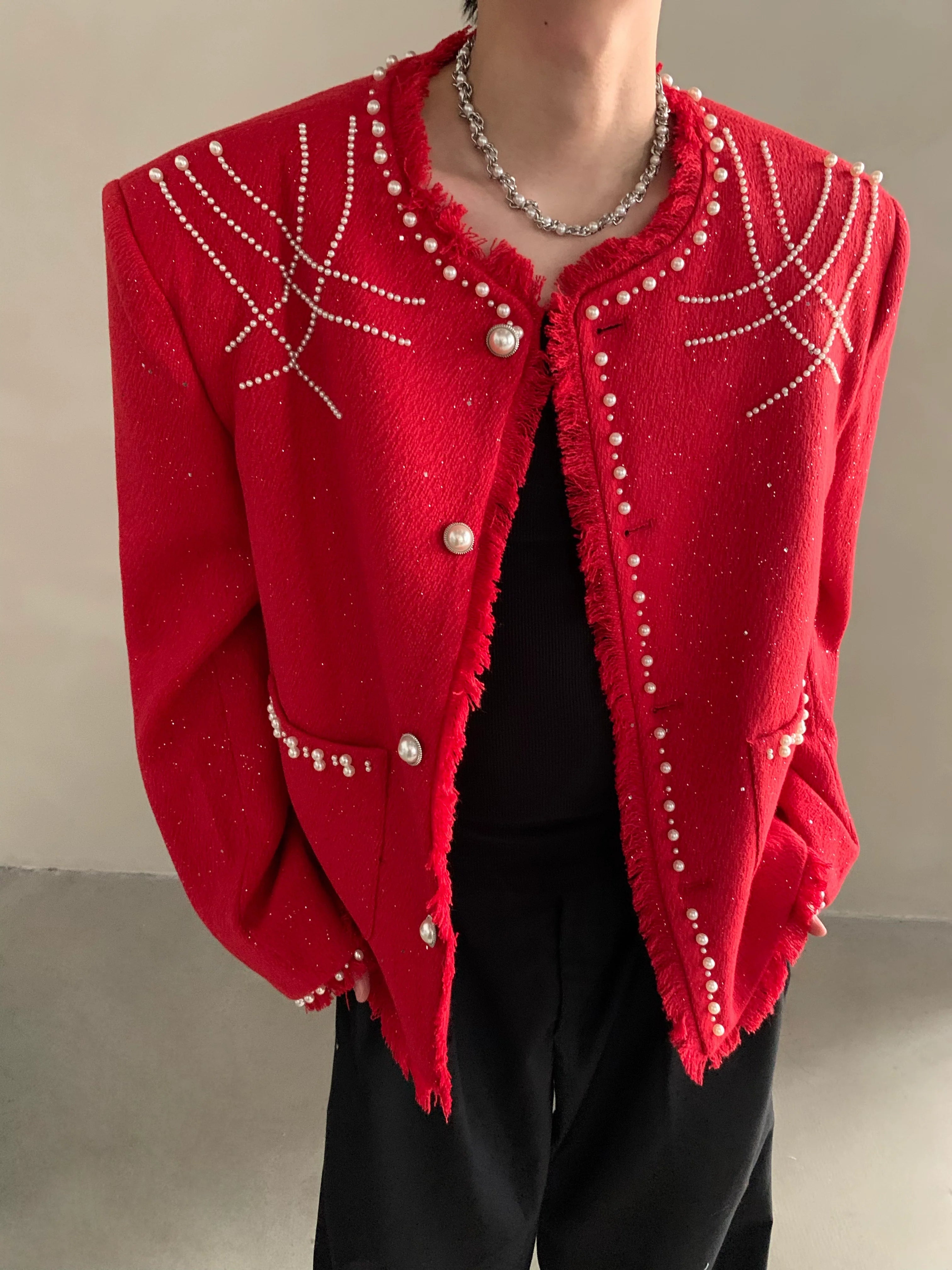 니치 하이엔드 비즈 패턴 디자인 숄더 패드 레드 스몰 향수 재킷 남성용 탑