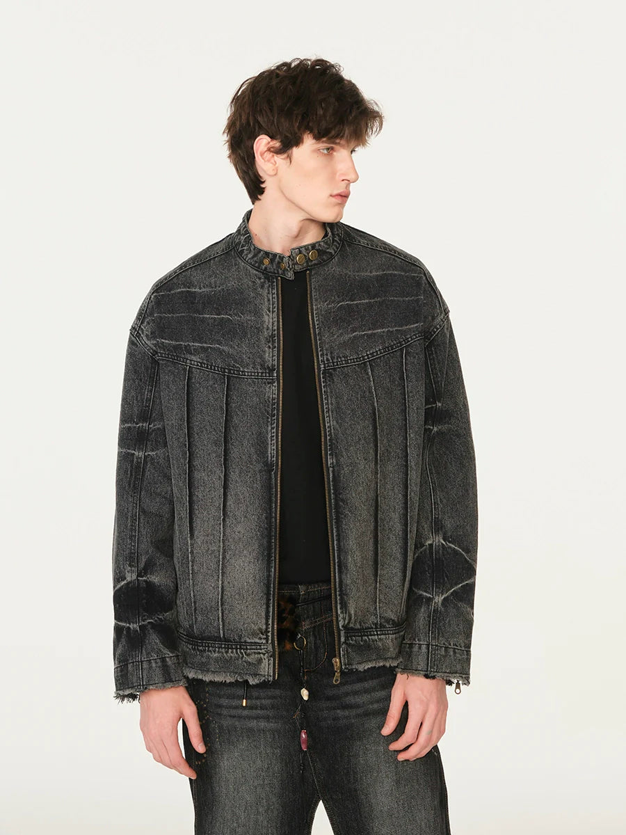 Heavy washed denim jacket American high street stand-up collar jacket SIN0992