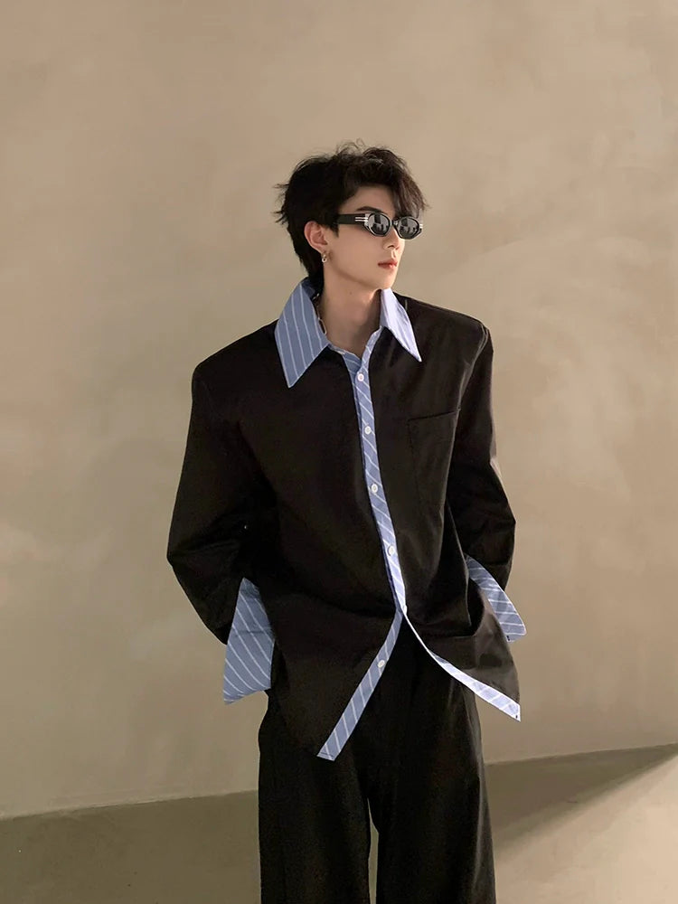 High-end niche design silhouette splicing shirt men's ruffian handsome solid color loose trend shirt