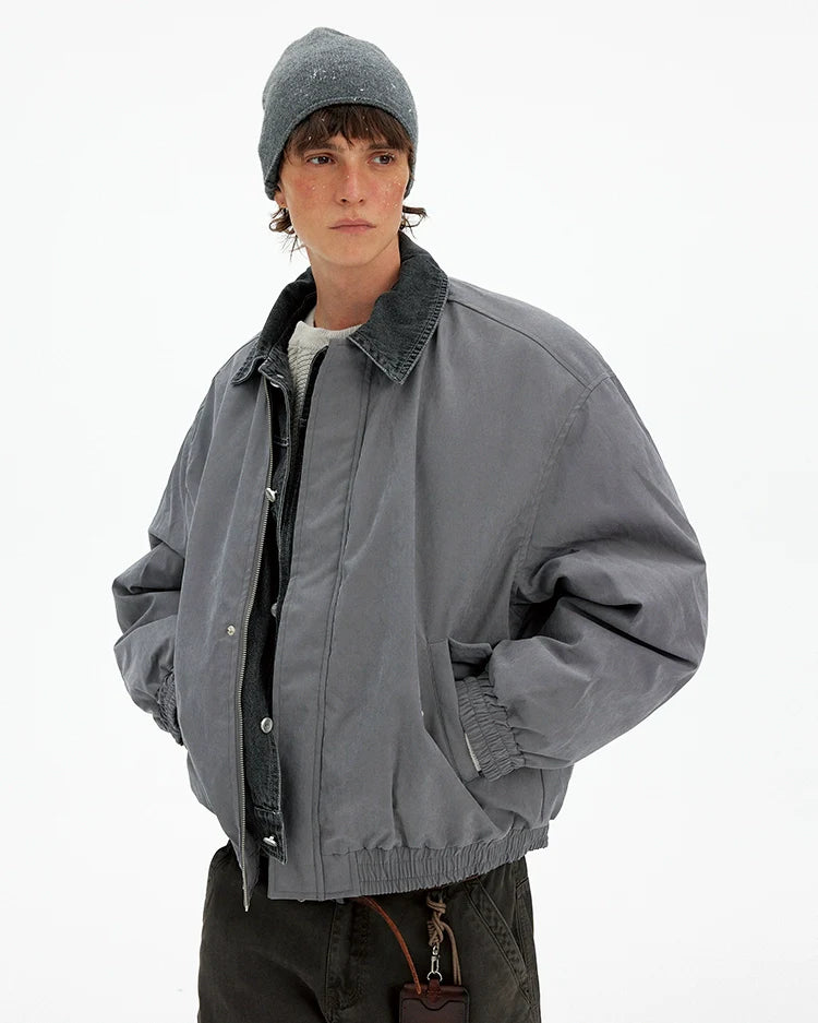 Retro trendy brand fake two-piece warm cotton clothes for men and women loose and casual design winter thickened jacket