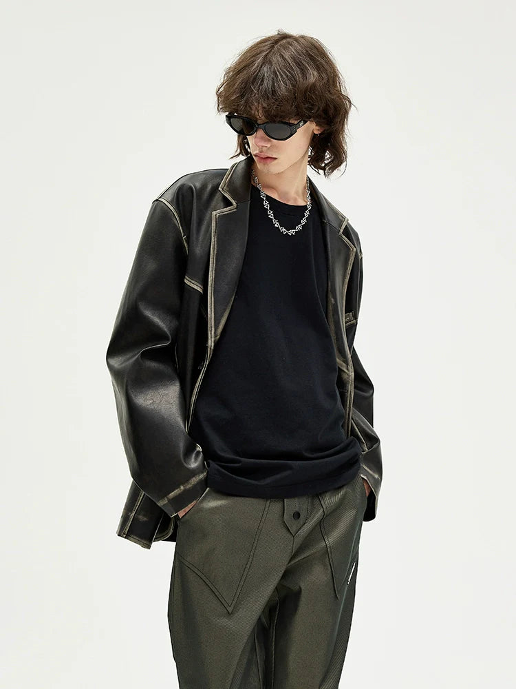 American retro polished leather jacket suit for men and women, black trendy jacket