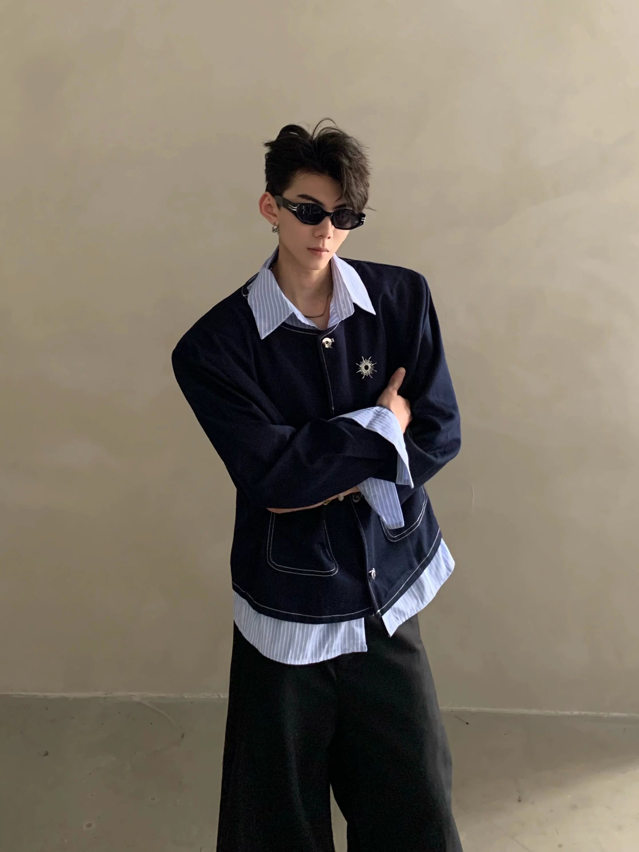 Autumn light luxury high-end fake two-piece splicing design shirt male ruffian handsome shoulder padded jacket jacket