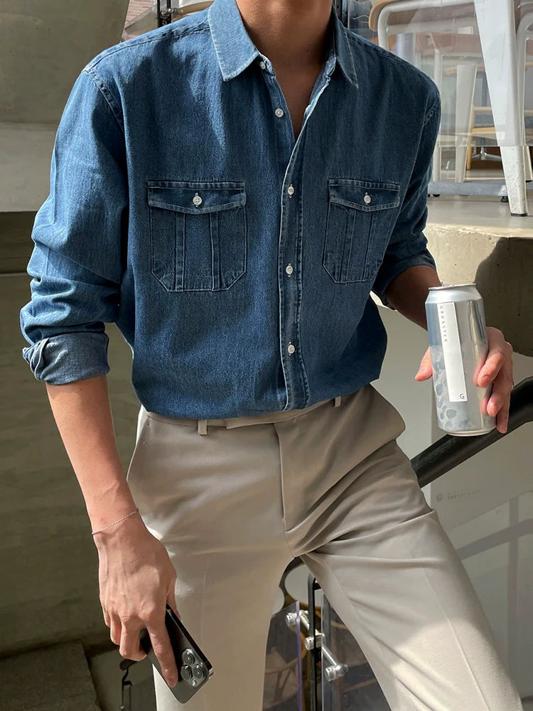 Retro denim long-sleeved shirt men's high-end Korean loose blue shirt tooling inch