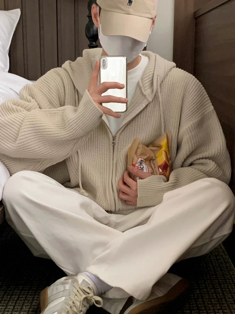 느긋한 바람에 잘 어울리는 후드 니트 스웨터 재킷, 남성용 가을/겨울 출퇴근복, 한국풍 루즈핏 고급 스웨터