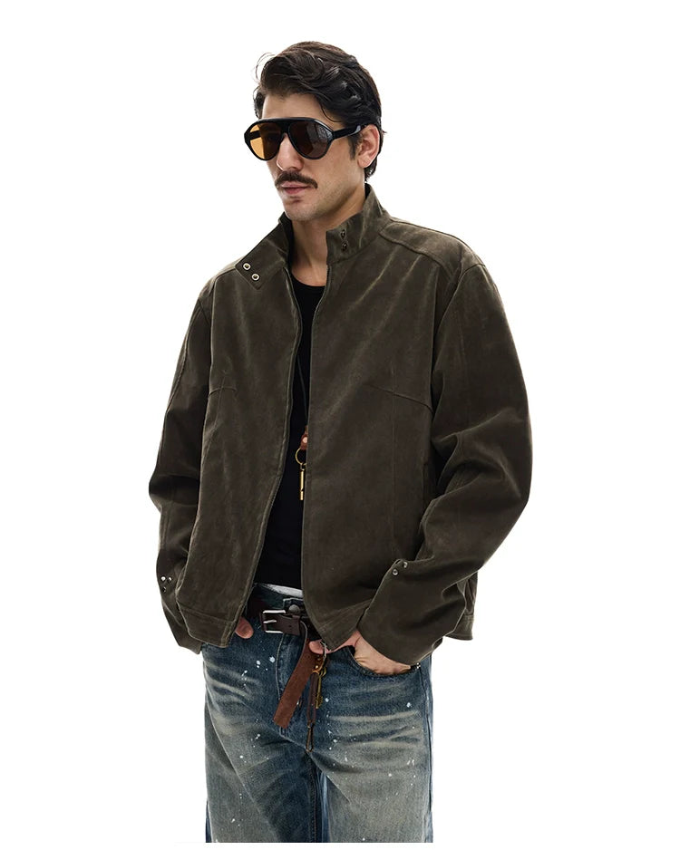 모던 스트리트 레트로 스웨이드 툴링 스탠드업 칼라 재킷, 남녀공용 캐주얼 디컨스트럭션 스플라이싱 숏 코트