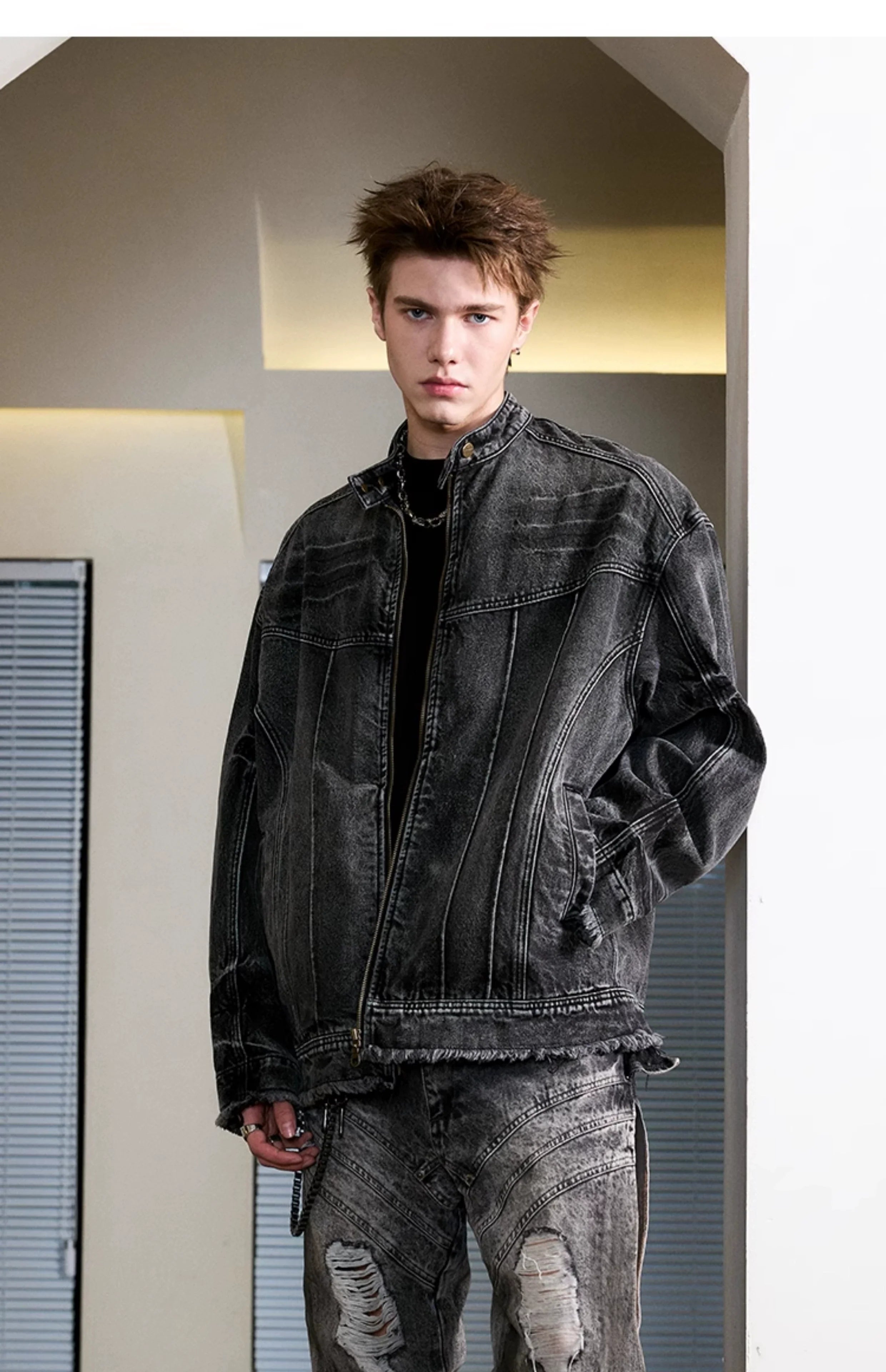 Heavy washed denim jacket American high street stand-up collar jacket SIN0992