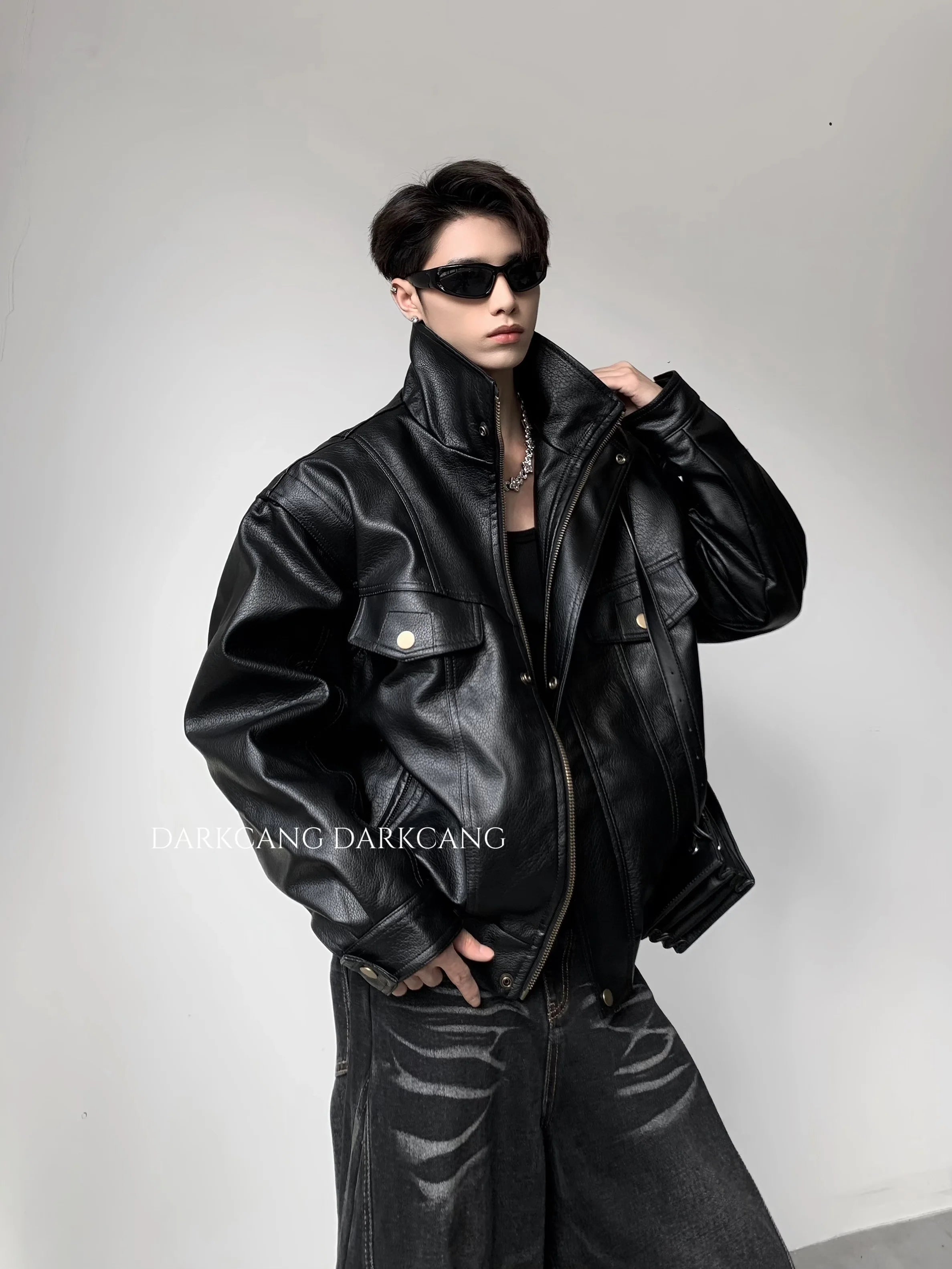 가볍고 고급스러운 두툼한 스탠드업 칼라, 면 안감 가죽 재킷, 남성용 겨울 의류, 중장년층 감각의 멋스럽고 깔끔한 핏 재킷