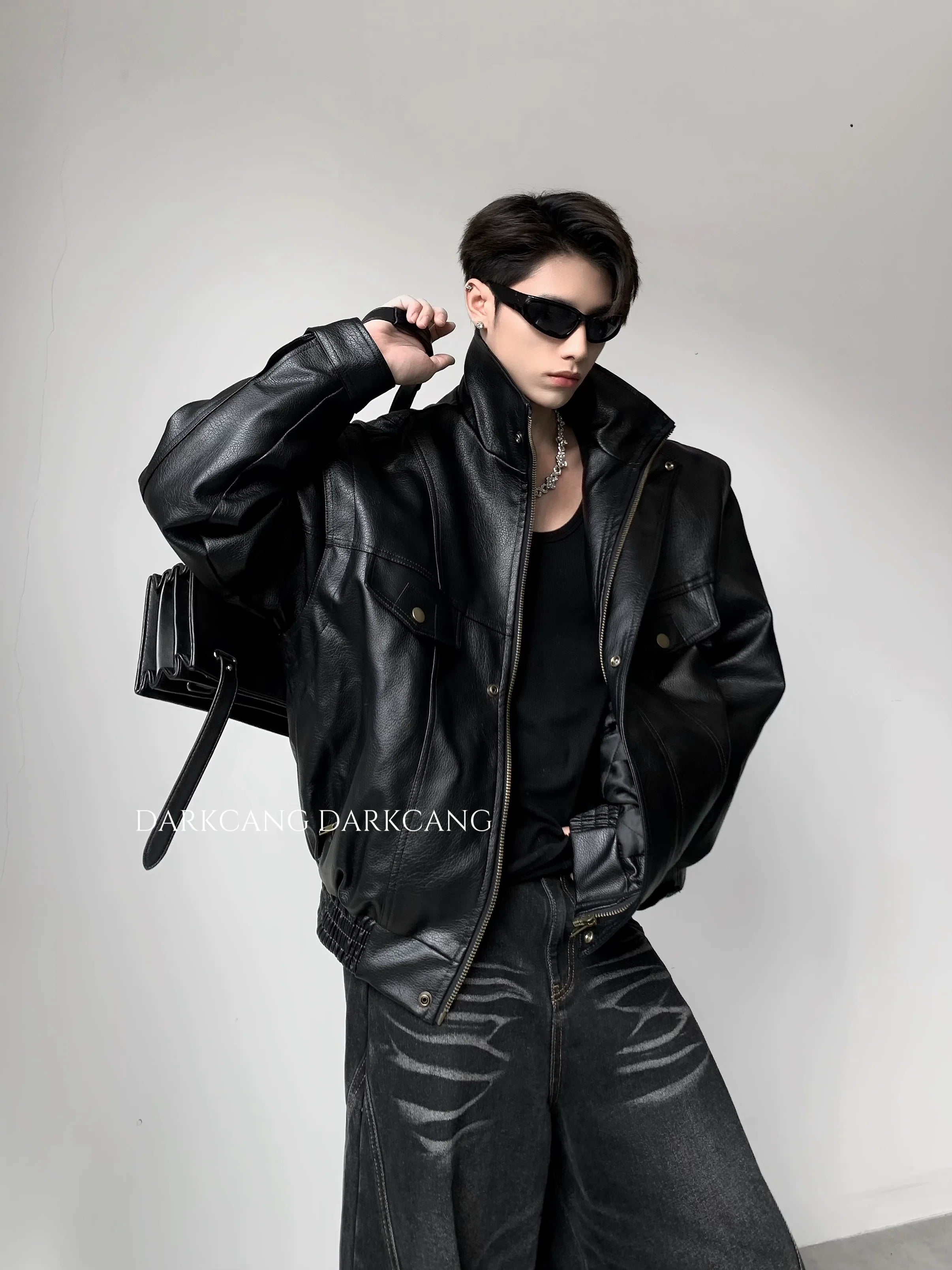 가볍고 고급스러운 두툼한 스탠드업 칼라, 면 안감 가죽 재킷, 남성용 겨울 의류, 중장년층 감각의 멋스럽고 깔끔한 핏 재킷