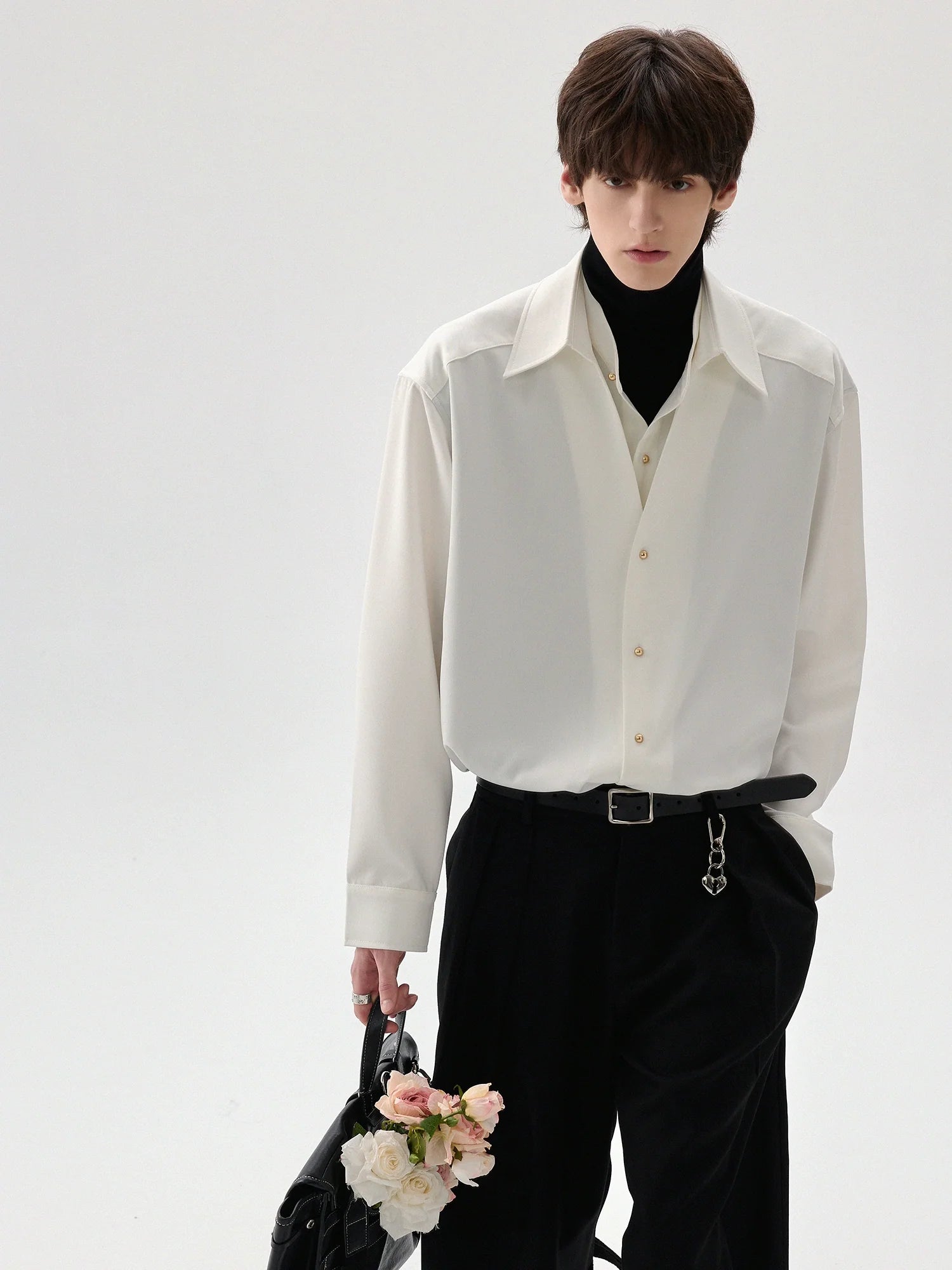 Men's high-end fake three and a half turtleneck shirts men's anti-wrinkle long-sleeved shirts with trendy insides