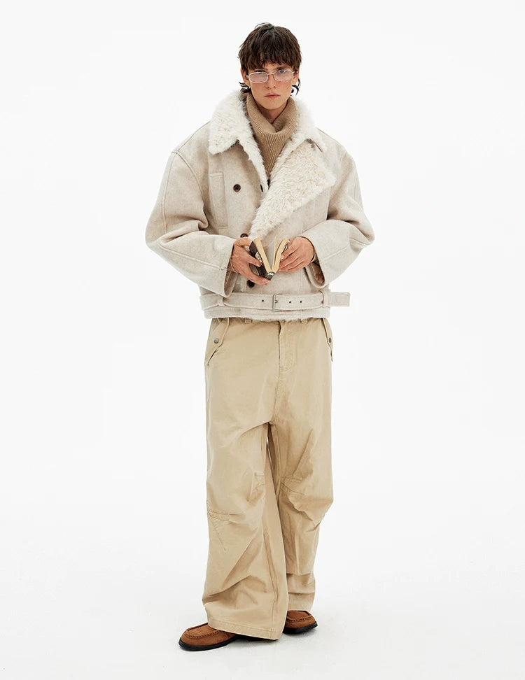 Vintage high-end double-breasted fur collar cotton clothes men's and women's winter casual wool blended warm jacket