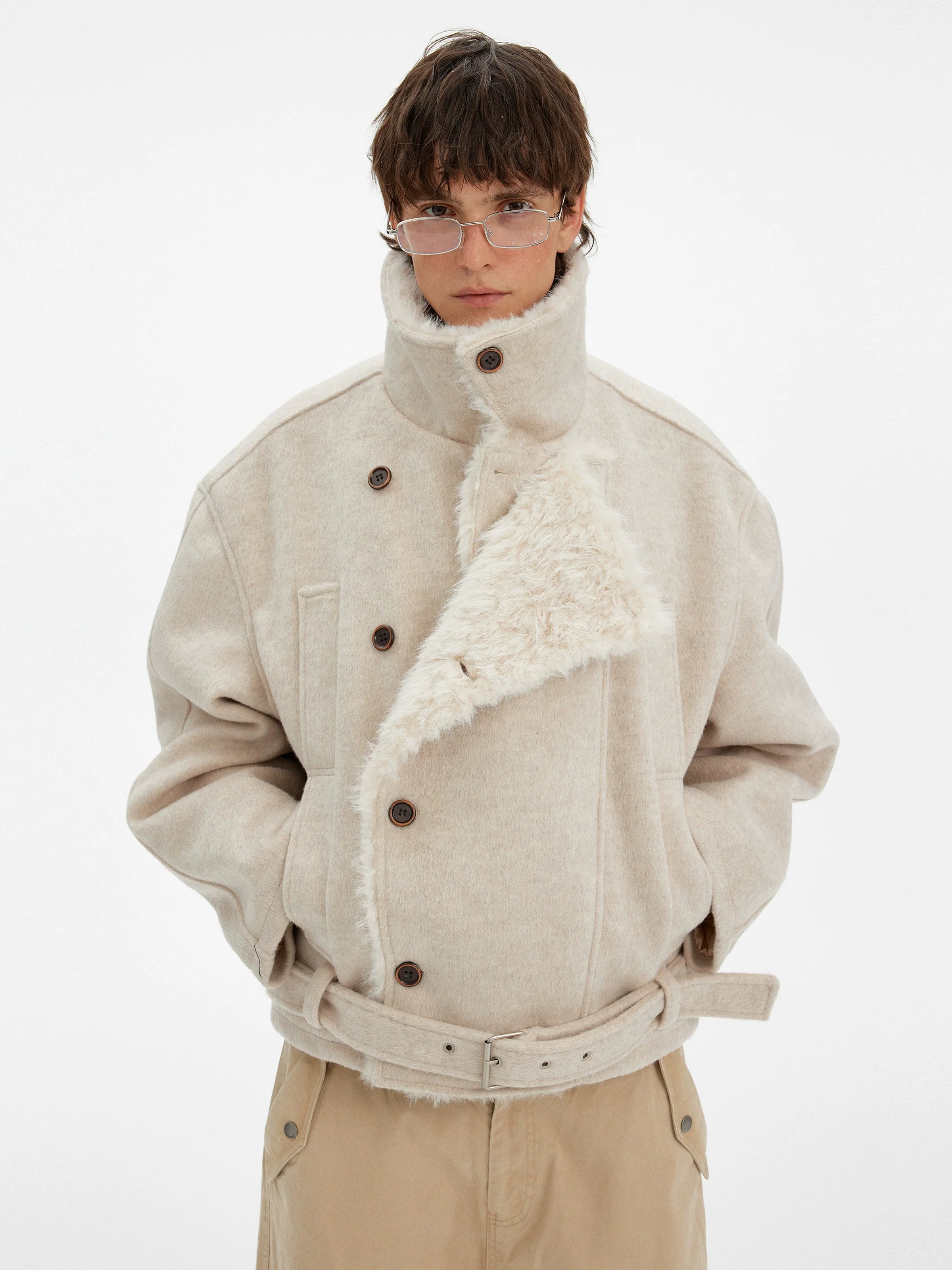 Vintage high-end double-breasted fur collar cotton clothes men's and women's winter casual wool blended warm jacket