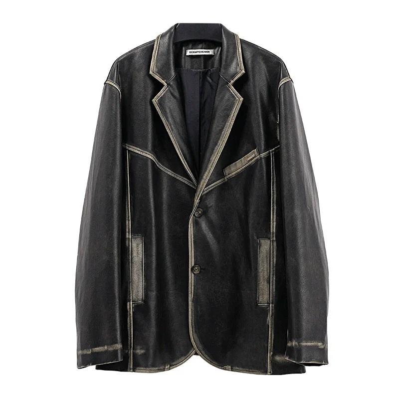 American retro polished leather jacket suit for men and women, black trendy jacket