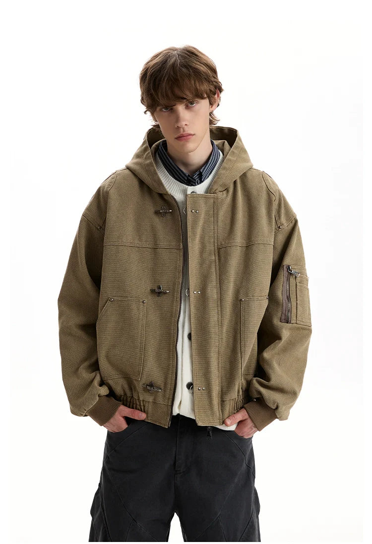 Vintage washed old plane buckle design hooded jacket SIN0952