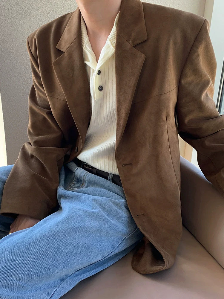 고급 캐주얼 남성 봄 신상 루즈핏 재킷, 한국 트렌드 러플 탑