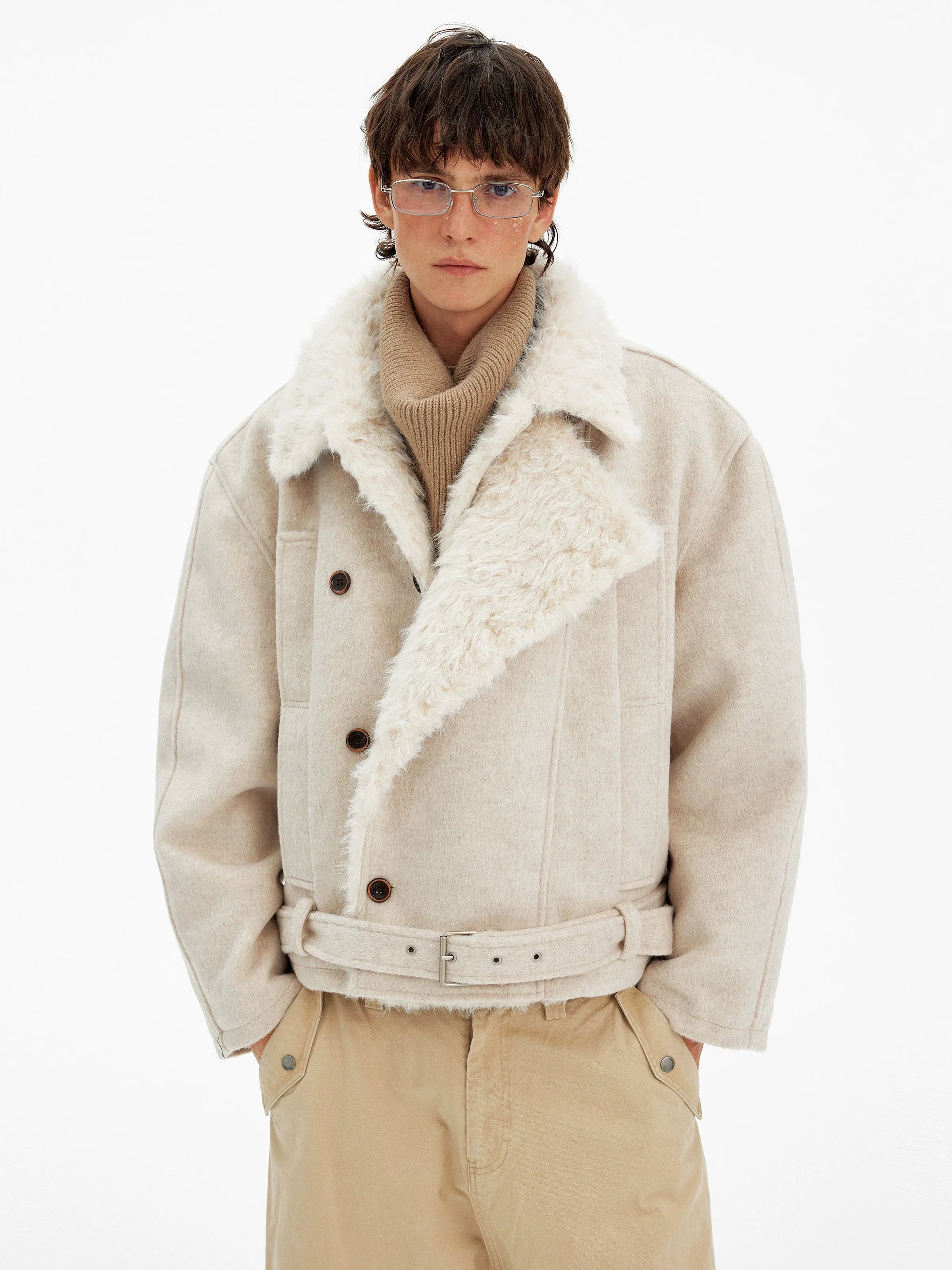 Vintage high-end double-breasted fur collar cotton clothes men's and women's winter casual wool blended warm jacket