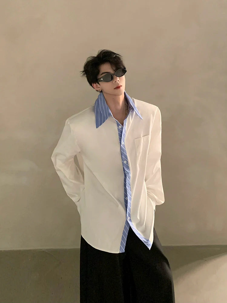High-end niche design silhouette splicing shirt men's ruffian handsome solid color loose trend shirt