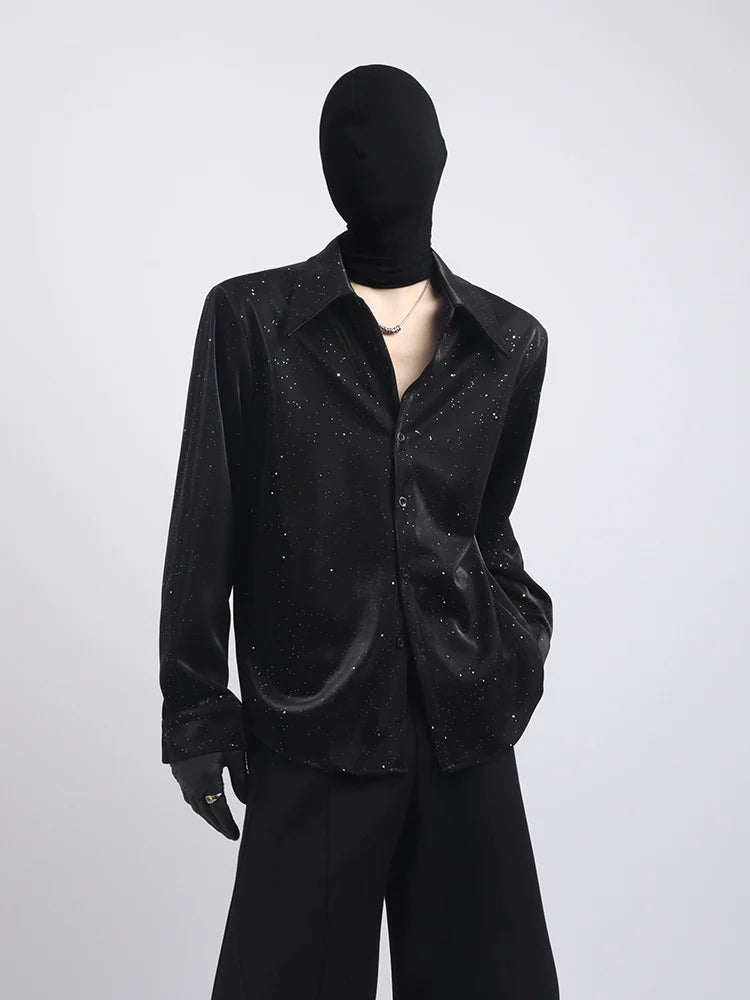 블랙 의류 프리미엄 감각 니치 디자인 스팽글 셔츠 남성 러피안 핸섬 프라이드 스트리트 캐주얼 긴팔 셔츠