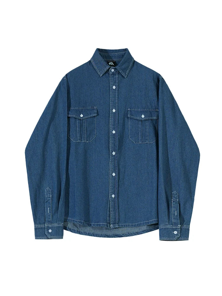 Retro denim long-sleeved shirt men's high-end Korean loose blue shirt tooling inch