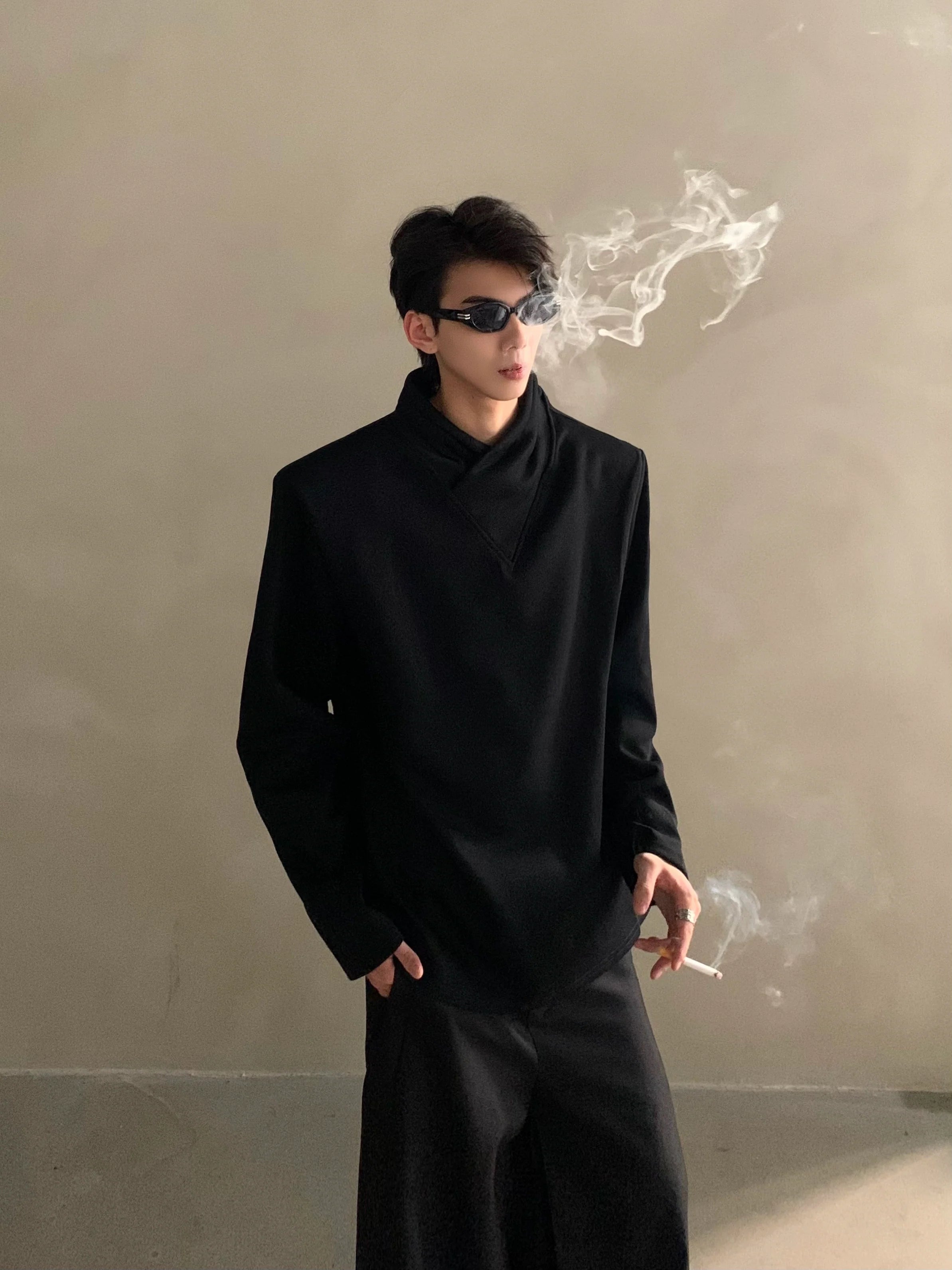 Autumn niche high-end sense stack collar silhouette long-sleeved T-shirt men's loose heavy ruffian handsome top