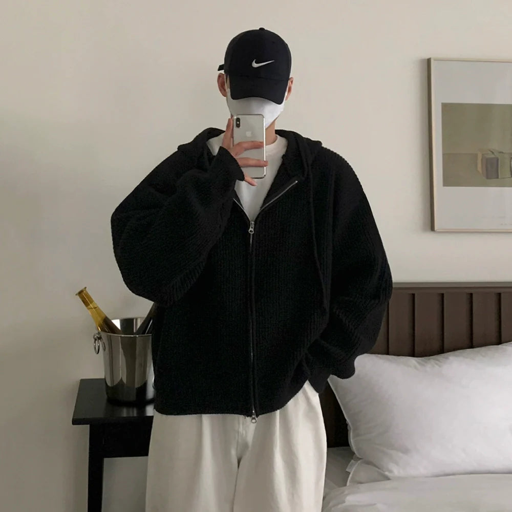 느긋한 바람에 잘 어울리는 후드 니트 스웨터 재킷, 남성용 가을/겨울 출퇴근복, 한국풍 루즈핏 고급 스웨터