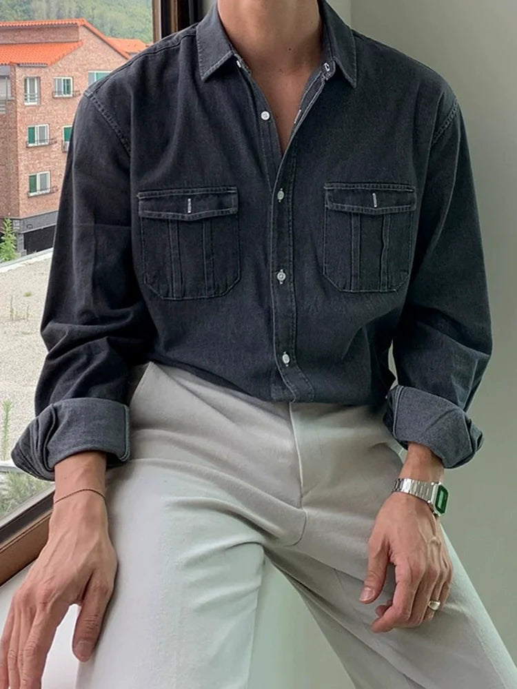 Retro denim long-sleeved shirt men's high-end Korean loose blue shirt tooling inch