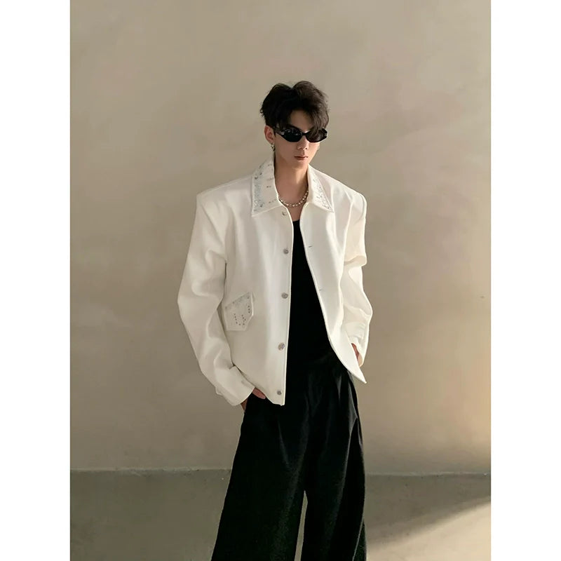 니치 하이엔드 라이트 럭셔리 여피 핸드메이드 스팽글 숄더 패드 숏 재킷 남성용 러피안 핸섬 코트 트렌드