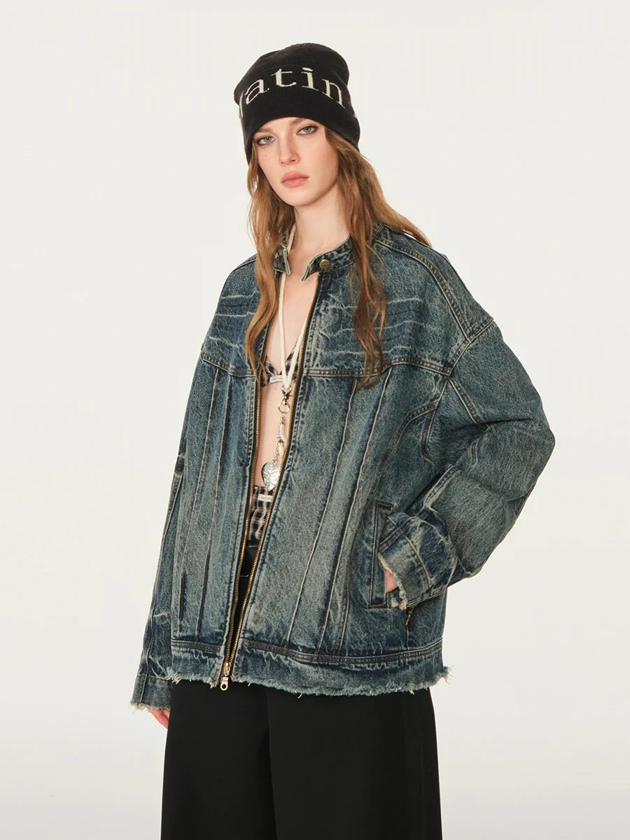 Heavy washed denim jacket American high street stand-up collar jacket SIN0992