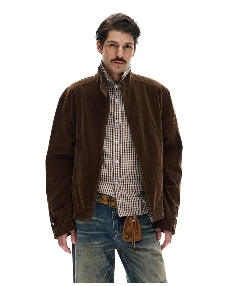 모던 스트리트 레트로 스웨이드 툴링 스탠드업 칼라 재킷, 남녀공용 캐주얼 디컨스트럭션 스플라이싱 숏 코트