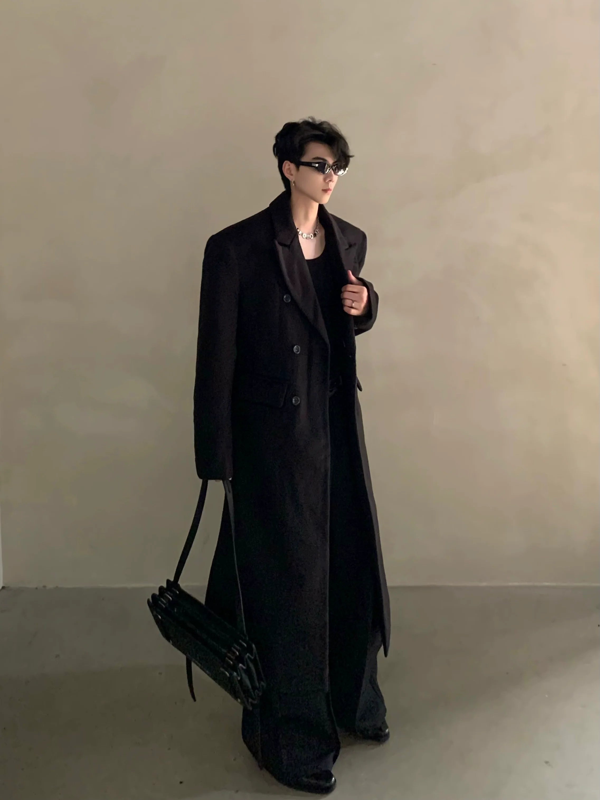 겨울용 어깨 패드 실루엣 울 코트, 남성용 긴 더블 브레스트 프리미엄 트렌치 코트