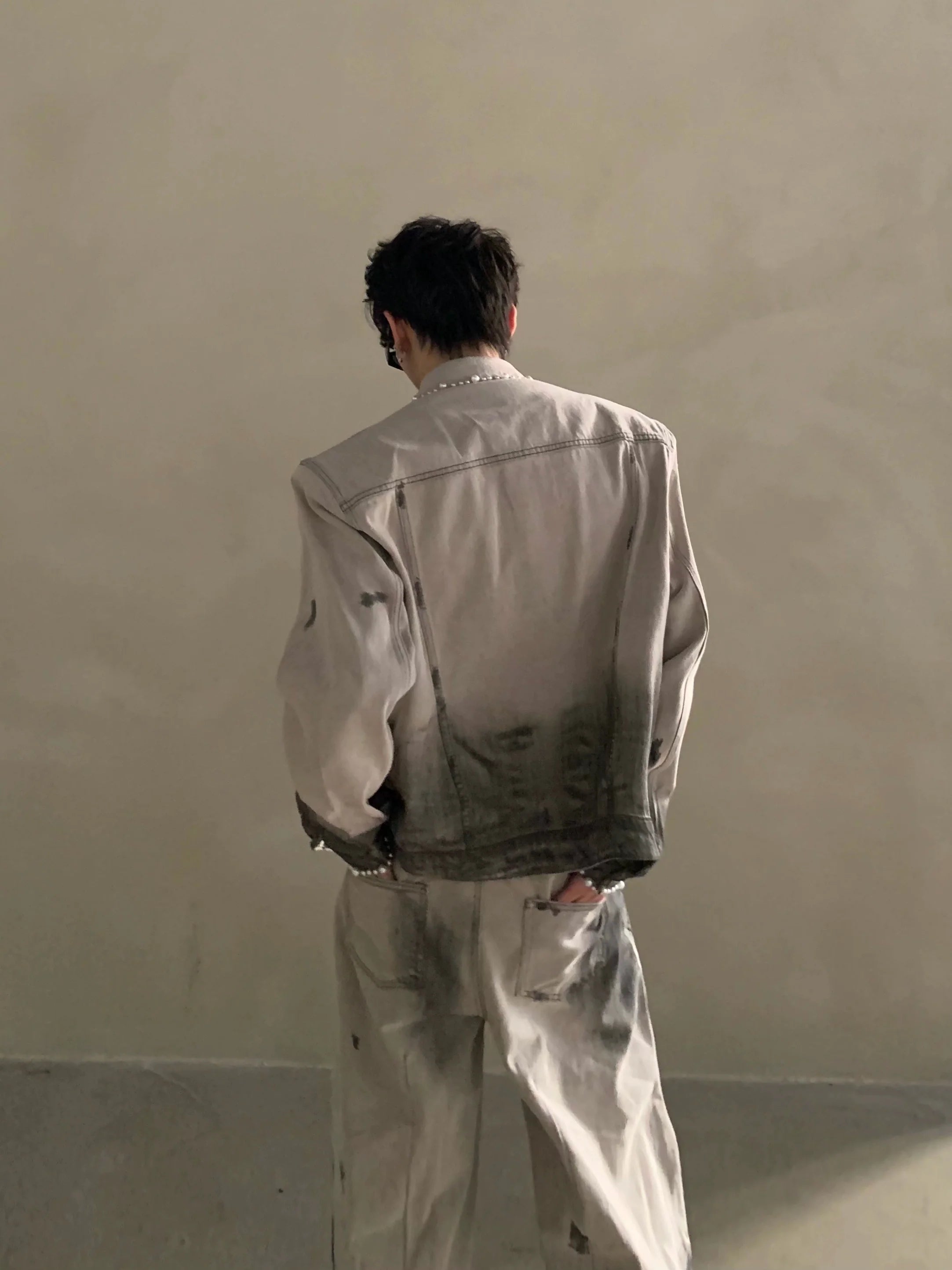 Niche waste soil tie-dye hole design shoulder padded denim jacket men's high-end suit tide