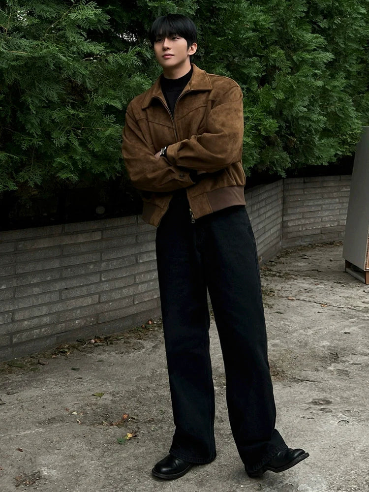 Retro style short leather jacket men's autumn and winter imitation suede lapel jacket Korean commuter wear