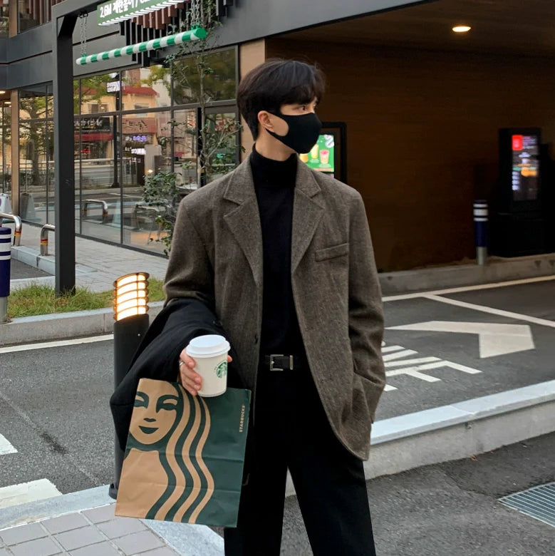 남성용 가을/겨울 한국 스타일 루즈핏 두툼한 고급 울 블레이저 상의