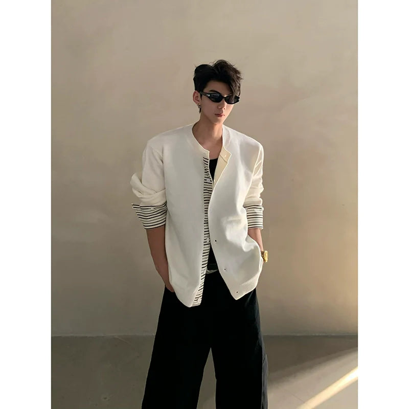 가을/겨울 레이어드 스타일의 투피스 스트라이프 스플라이싱 니트 스웨터, 남성용 고급 가디건 재킷 트렌드