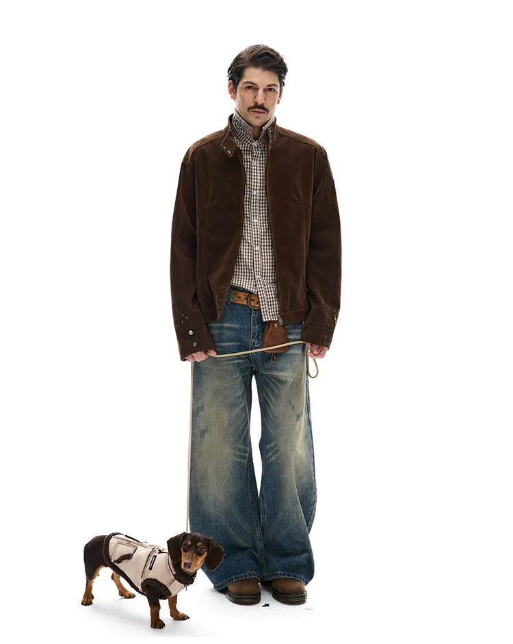 모던 스트리트 레트로 스웨이드 툴링 스탠드업 칼라 재킷, 남녀공용 캐주얼 디컨스트럭션 스플라이싱 숏 코트