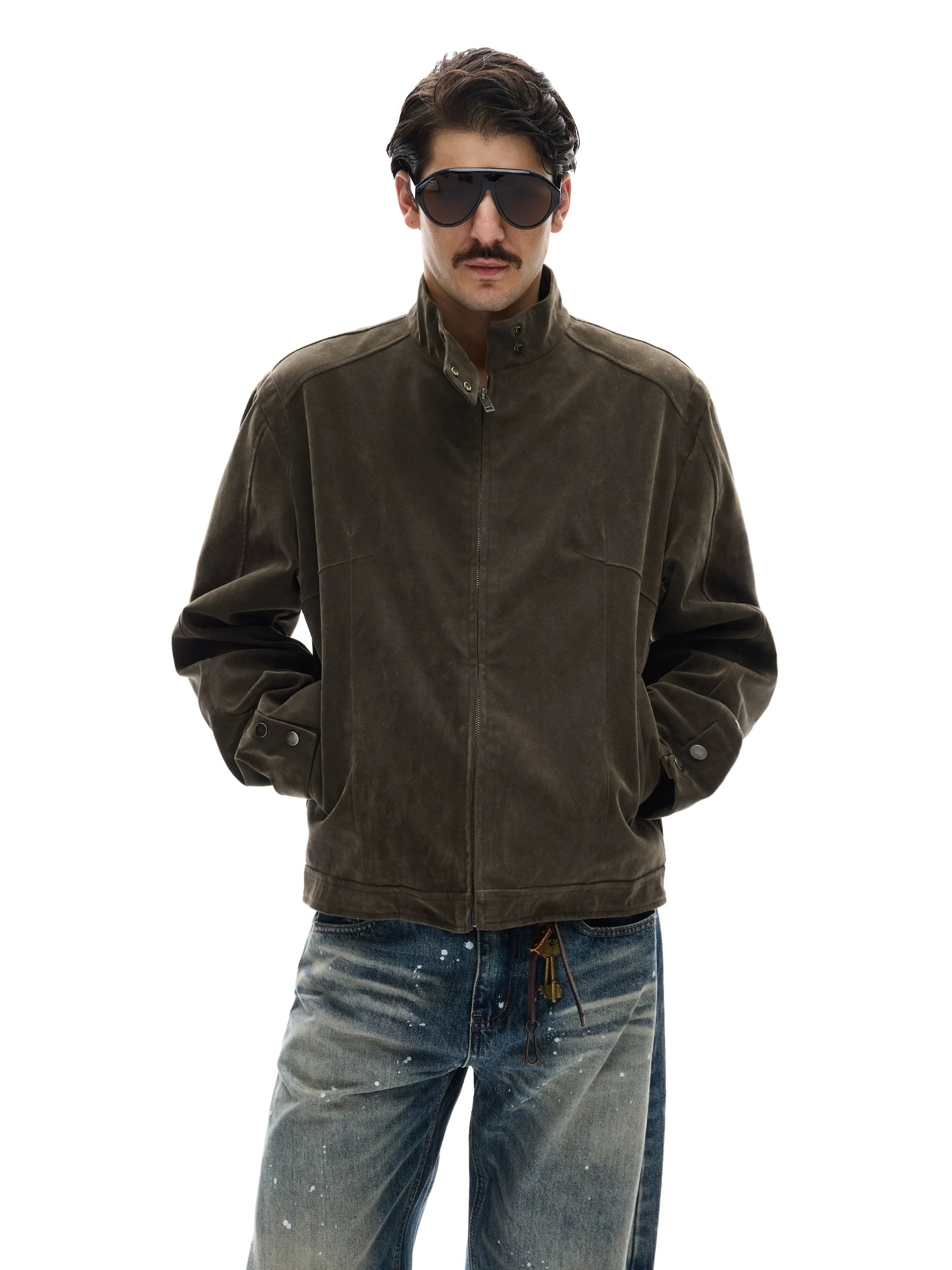 모던 스트리트 레트로 스웨이드 툴링 스탠드업 칼라 재킷, 남녀공용 캐주얼 디컨스트럭션 스플라이싱 숏 코트