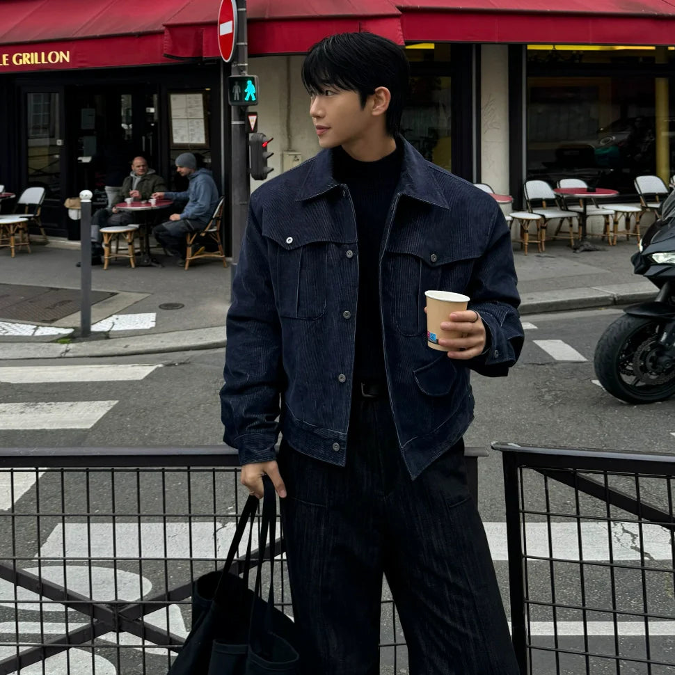 Retro style ruffian handsome tooling jacket men's autumn and winter thickened loose coat Korean commuter style wear