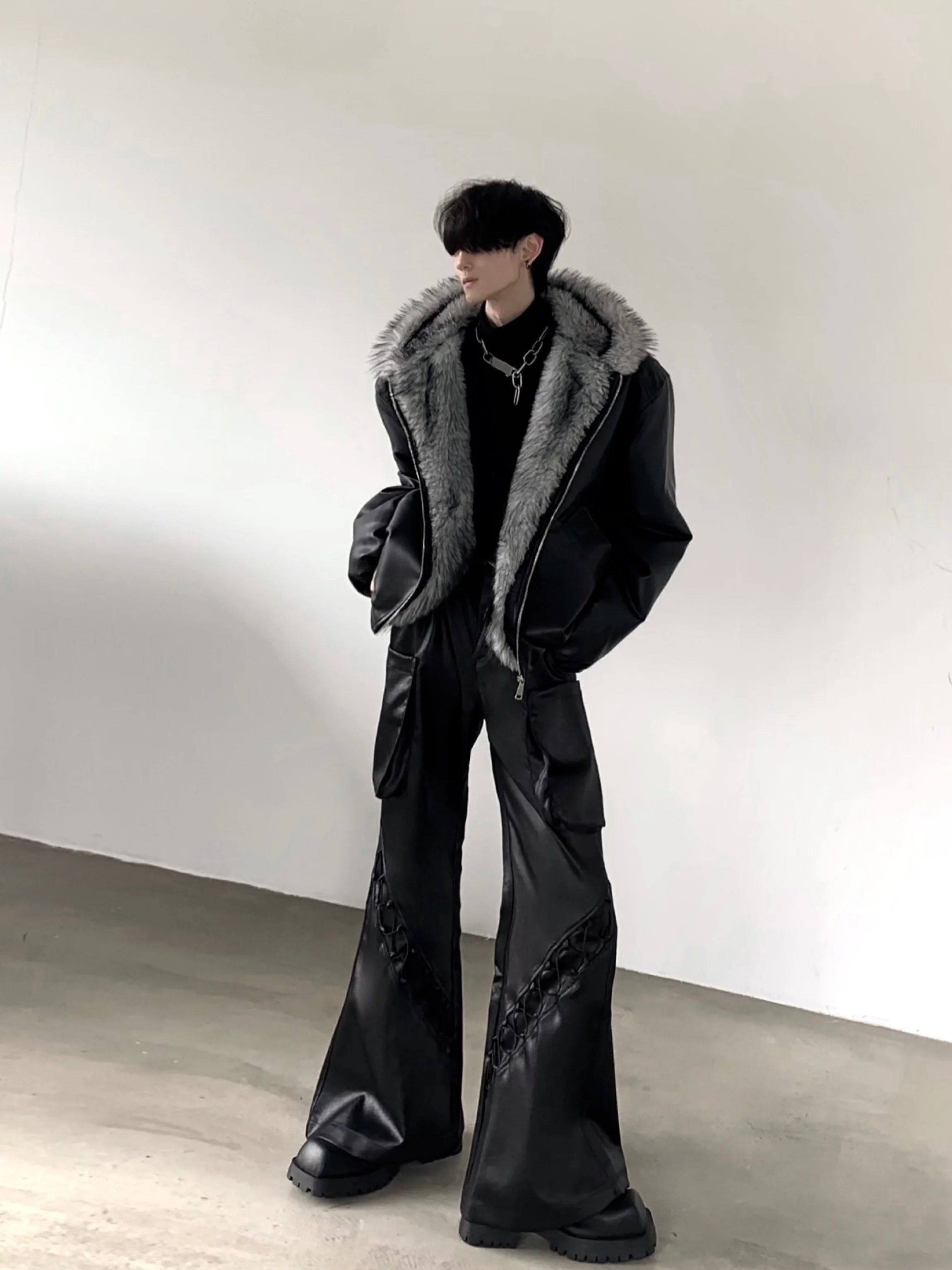 Wolf King Mountain Eagle Hooded Big Fur Collar Thick Jacket Men's Winter Fleece Premium Visual Leather Jacket