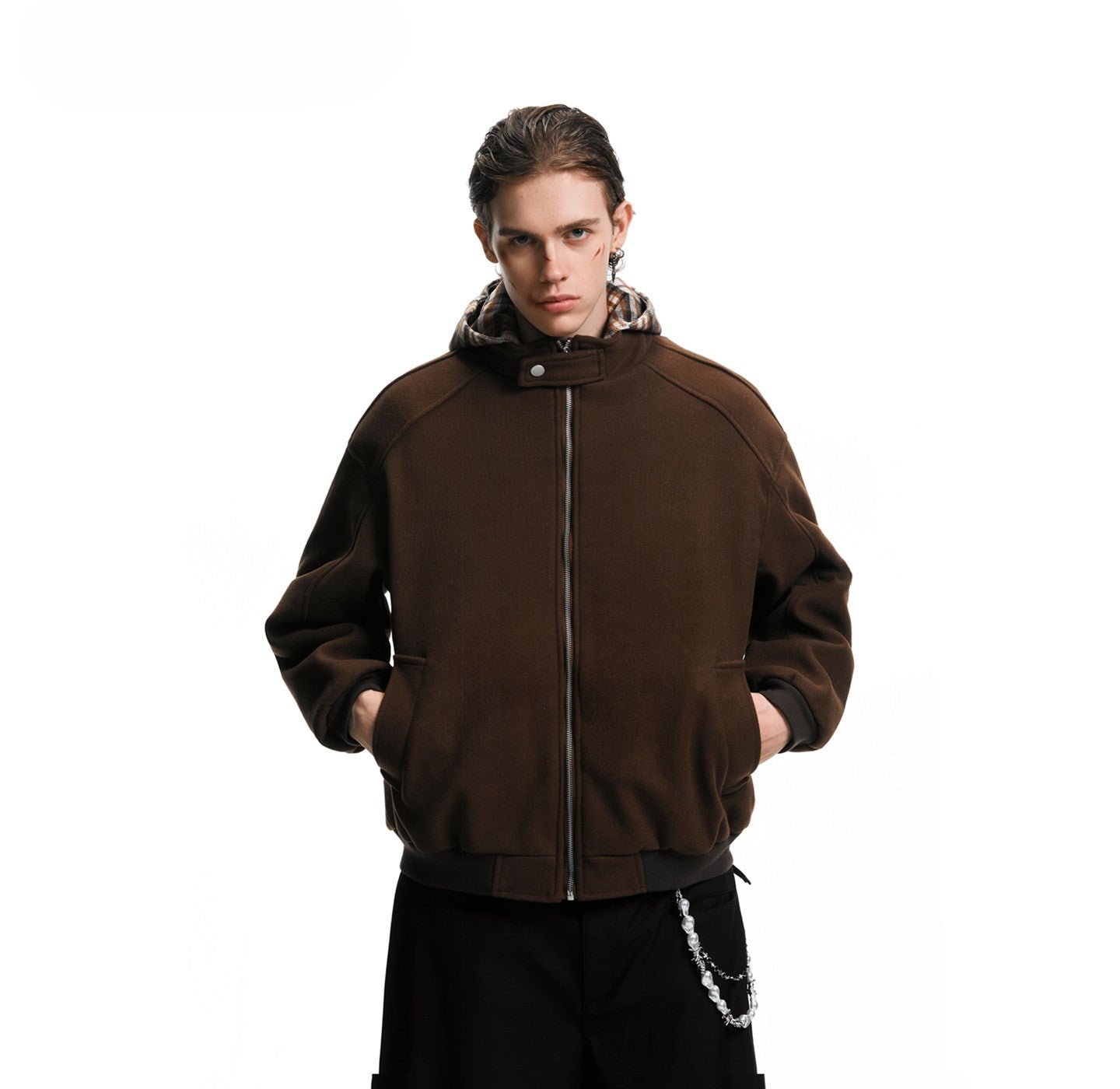 PLAID LINED HOODED BOMBER JACKET EHW5058