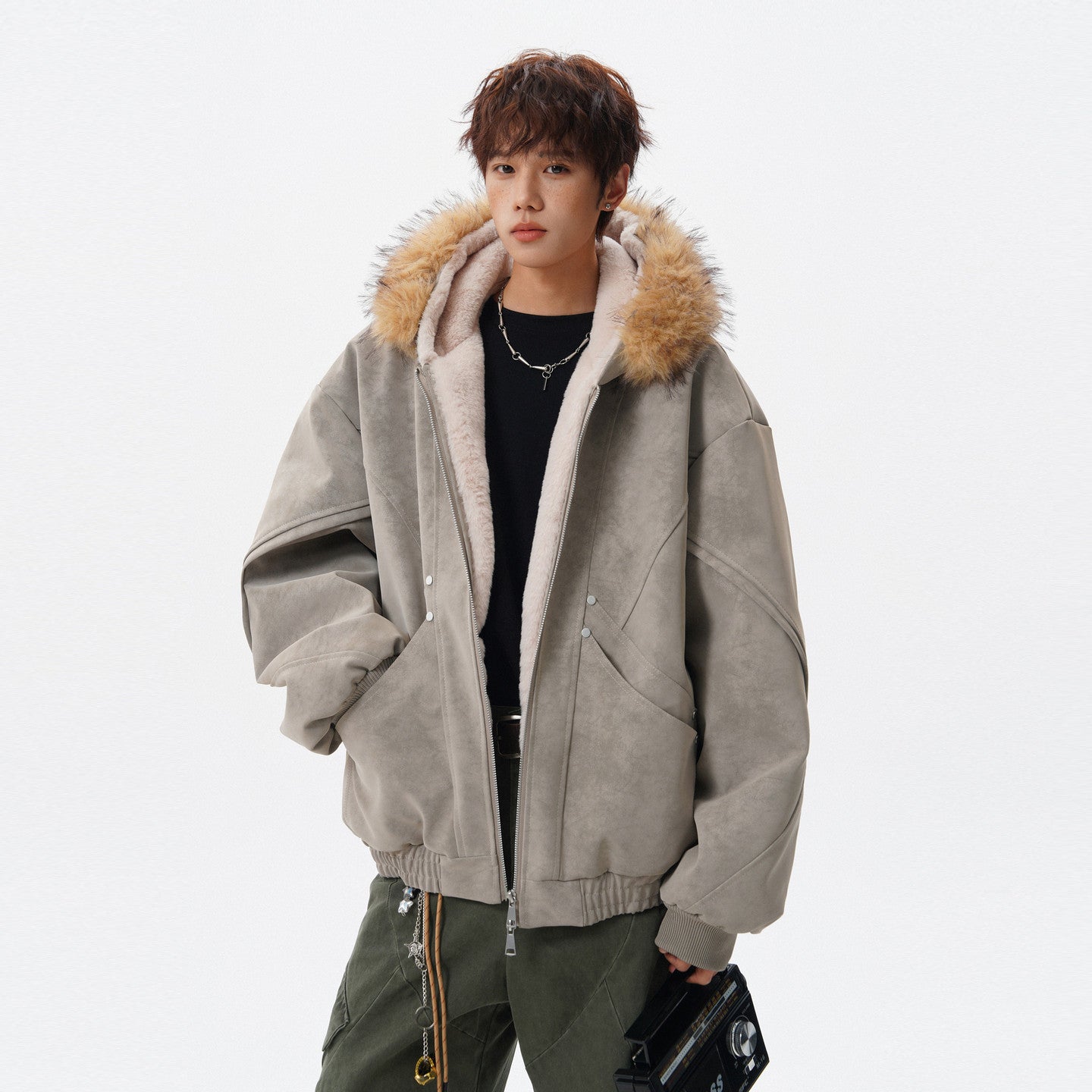 Y2K HIP HOP STYLE FAUX FUR TRIM HOODED JACKET EHW5029