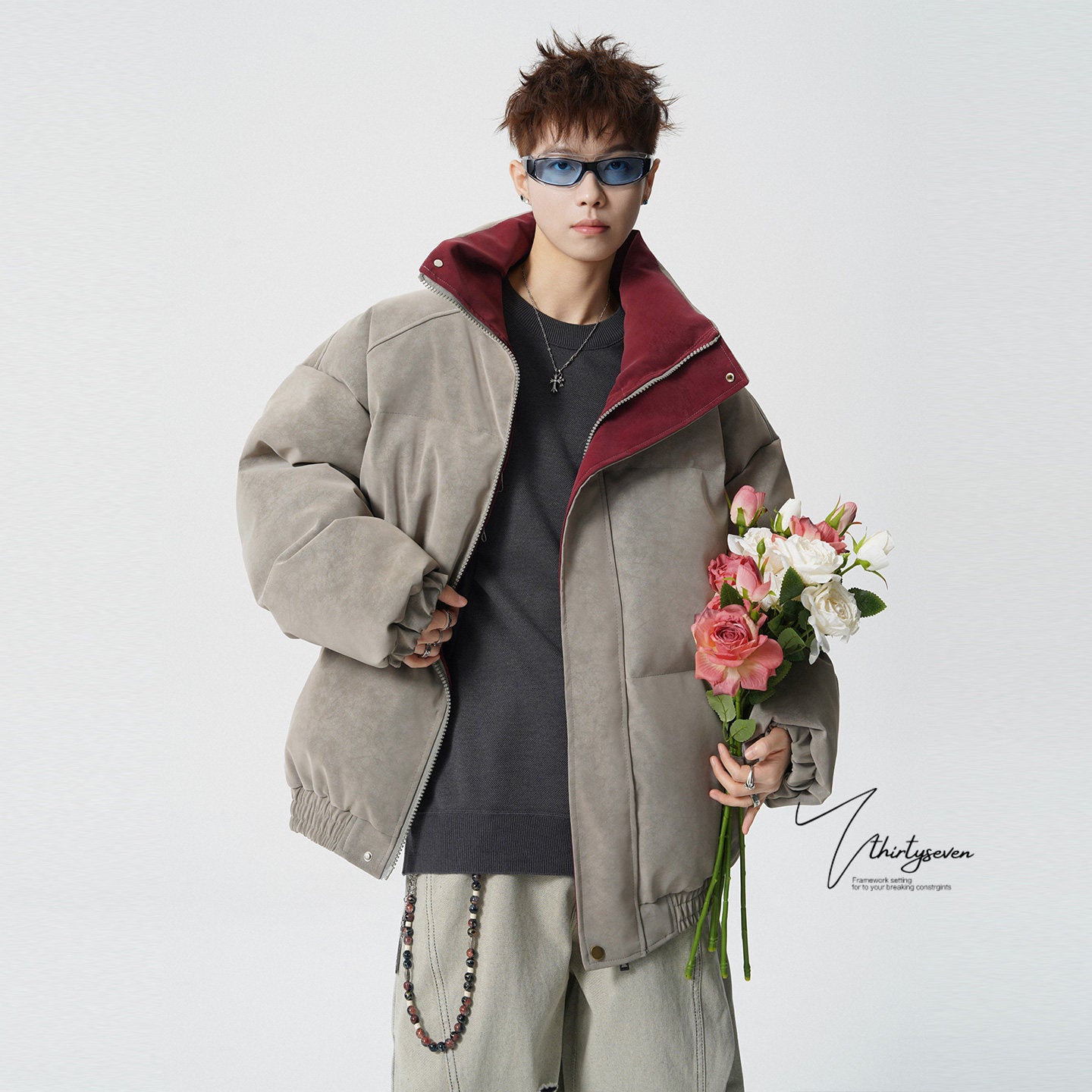 COLOR BLOCK COLLAR OVERSIZED BOMBER JACKET EHW5032