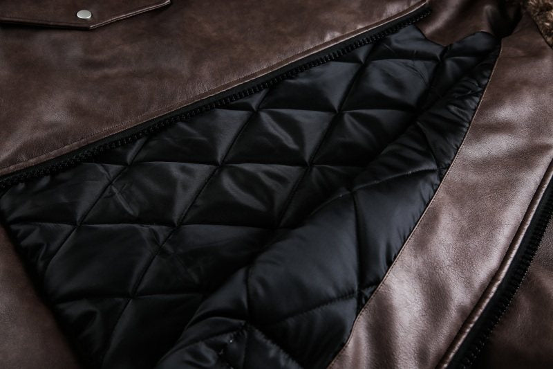 Vintage brown Shearling Collar Faux Leather Jacket EHW5017