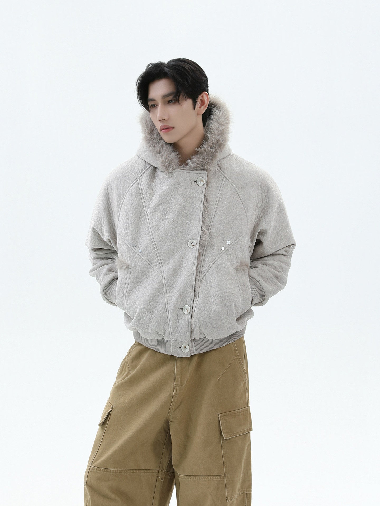 FAUX SHEARLING HOODED JACKET-FUZZY COLLAR&CONTRAST DETAILS, OVERSIZED WARM OUTWEAR EHW5018