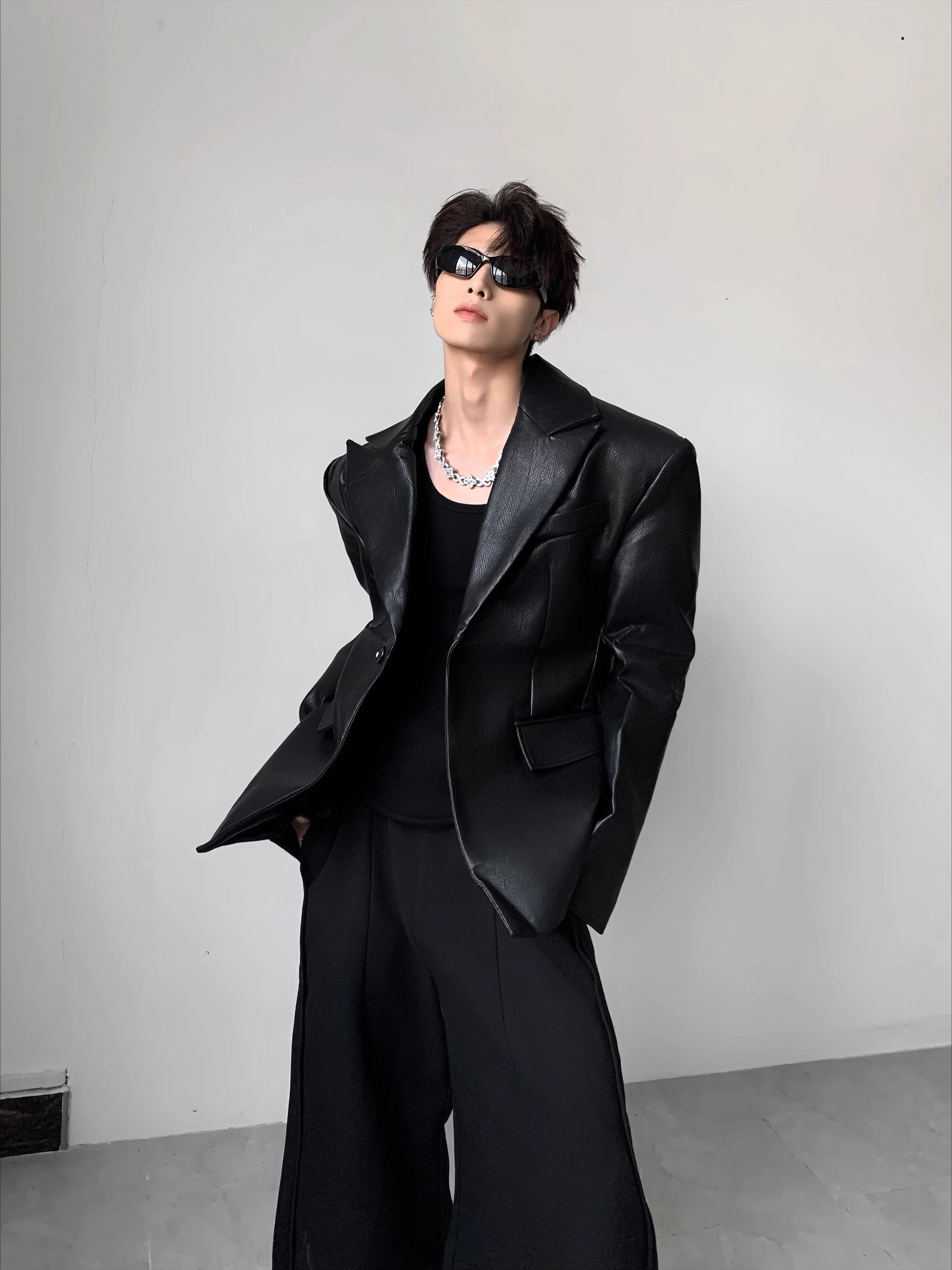 Light luxury suit version design shoulder padded leather jacket men's autumn advanced sense ruffian handsome waist suit