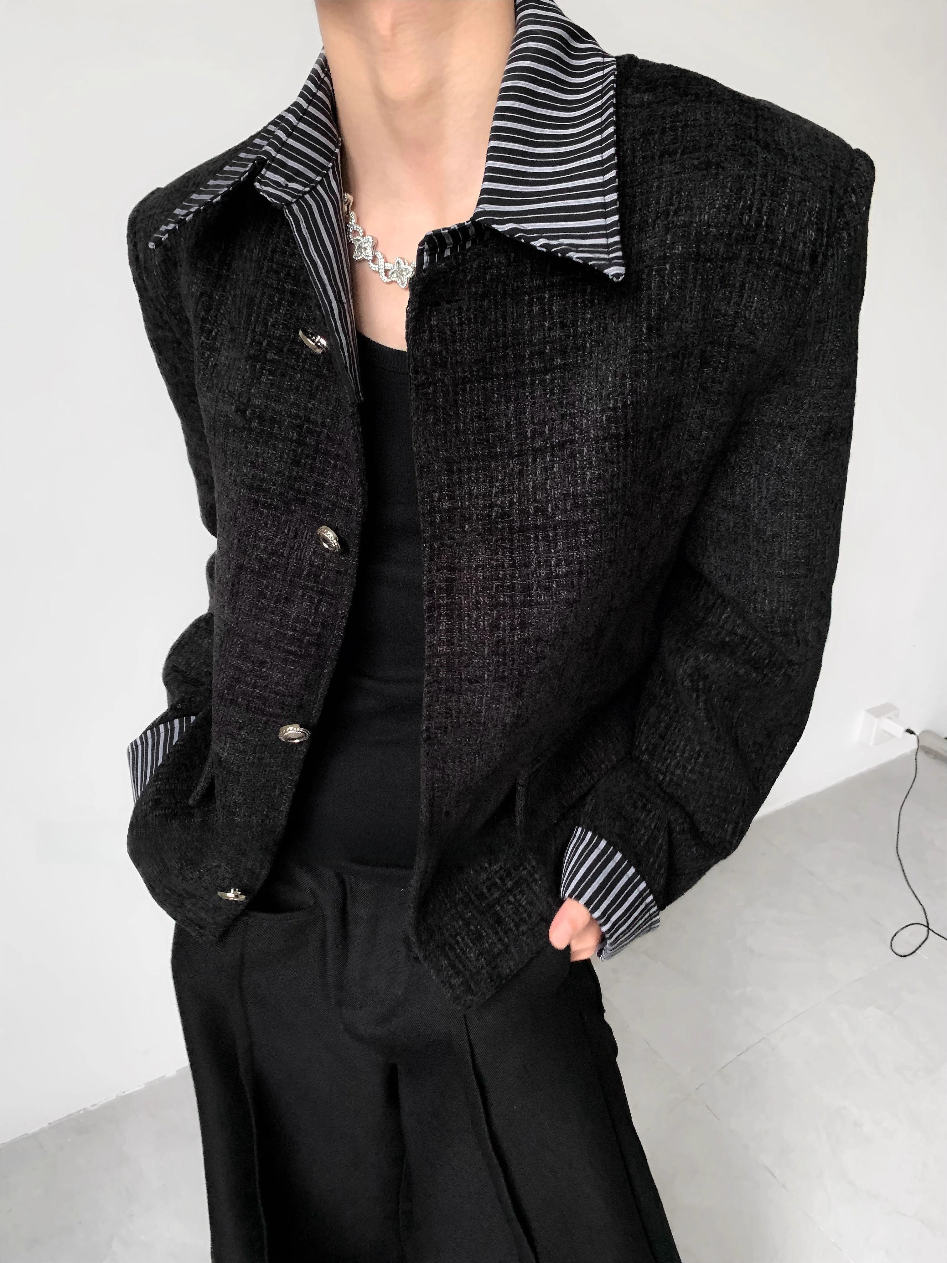 Premium fake two-piece design plaid shoulder pad cleanfit jacket men's high-end luxury jacket