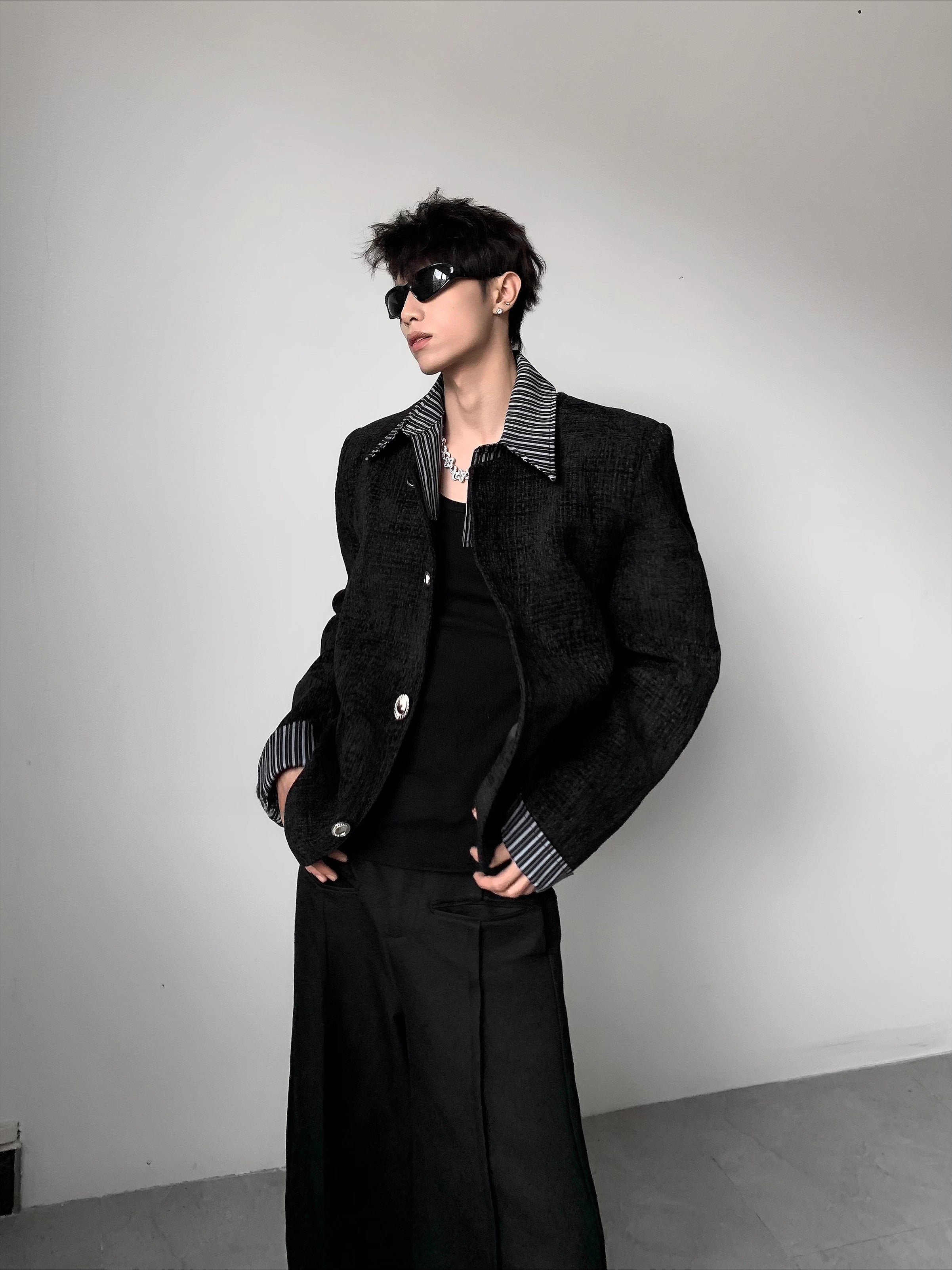 Premium fake two-piece design plaid shoulder pad cleanfit jacket men's high-end luxury jacket