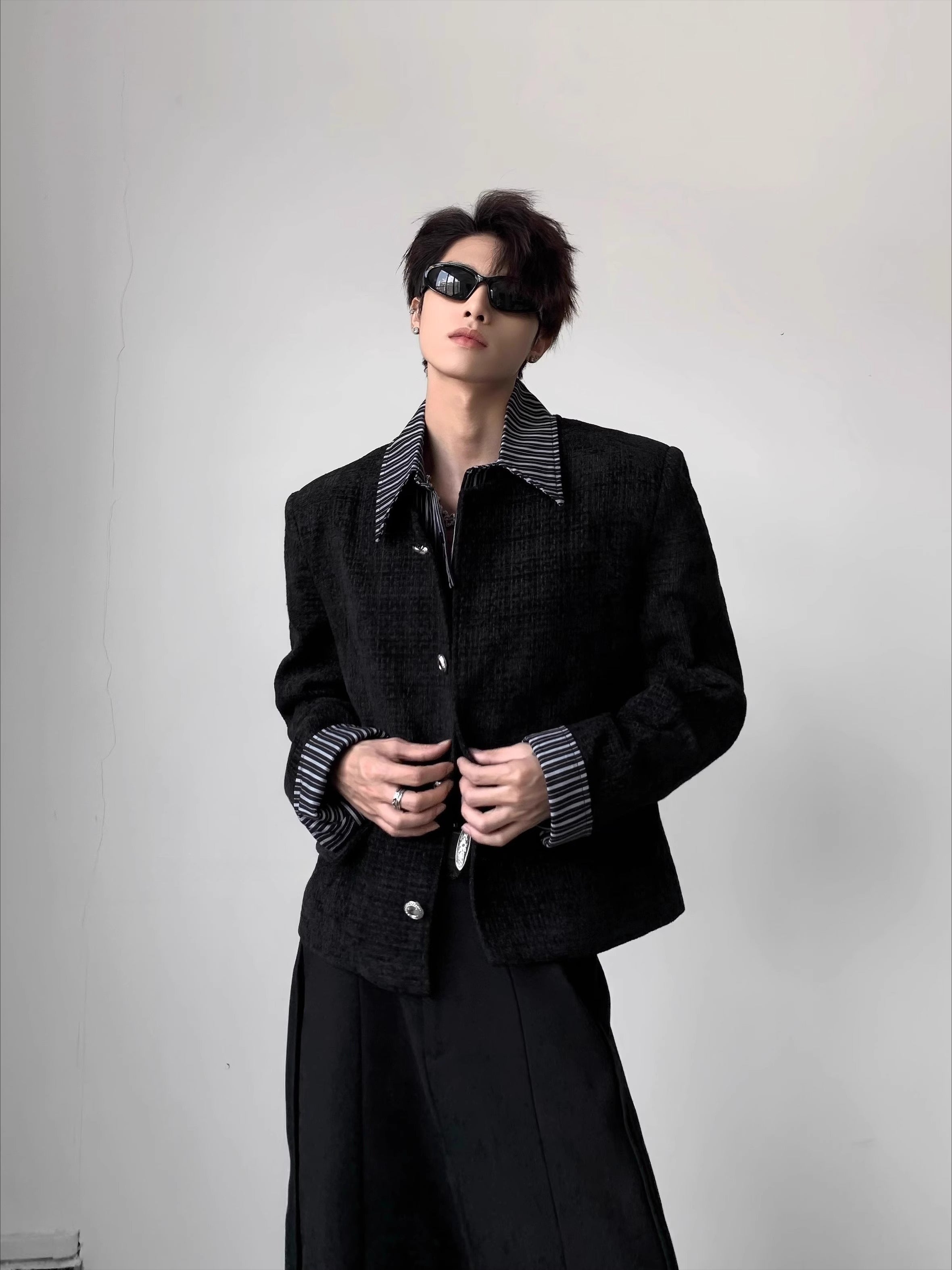 Premium fake two-piece design plaid shoulder pad cleanfit jacket men's high-end luxury jacket