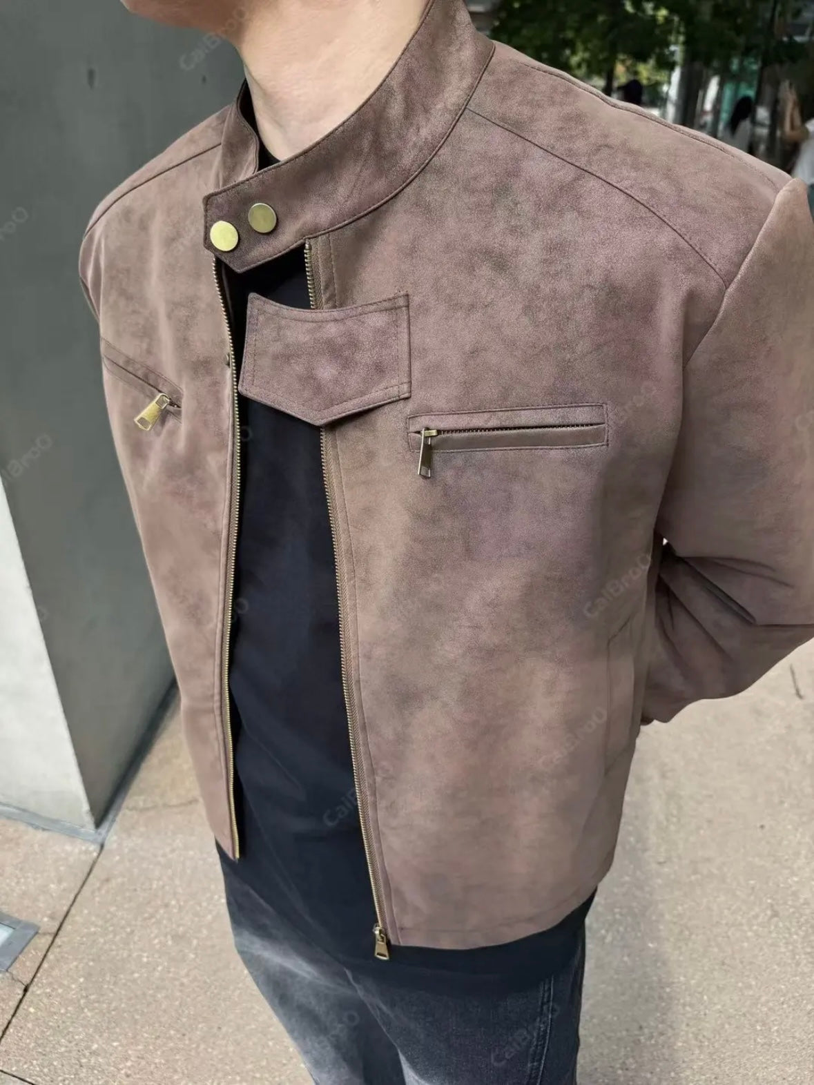 [DAZHONGMA] DYED CROPPED FAUX LEATHER JACKET st5031